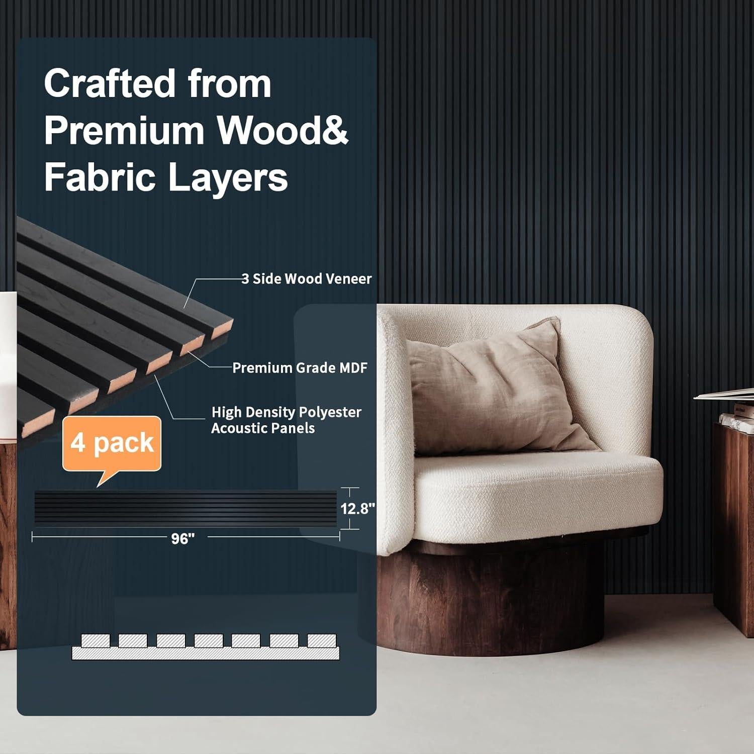 Paneles Acústicos de Madera NeatiEase 4 Piezas 243.84x32 cm Negro