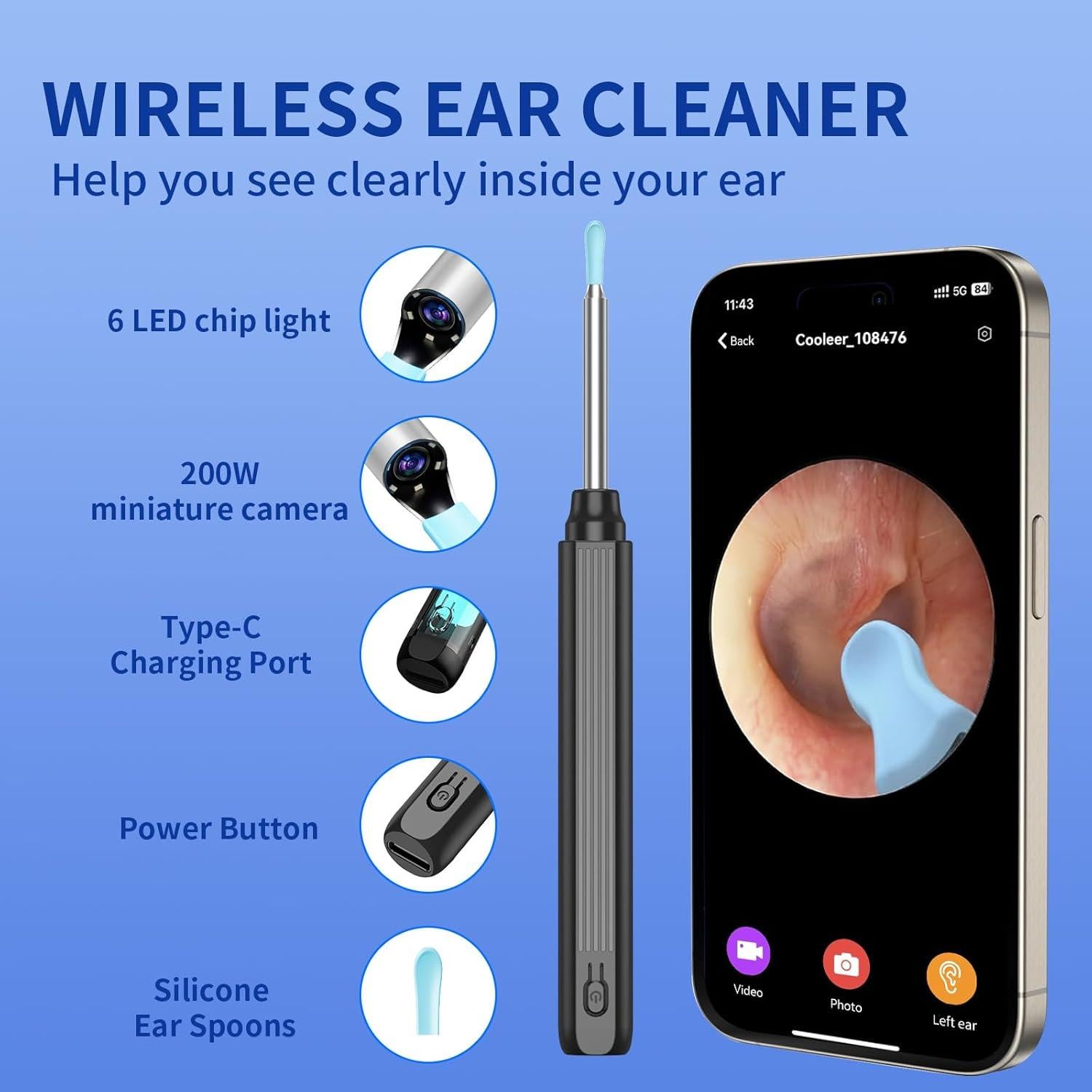 Limpiador de Cerumen ERYITRDK con Cámara HD y 6 Cubiertas