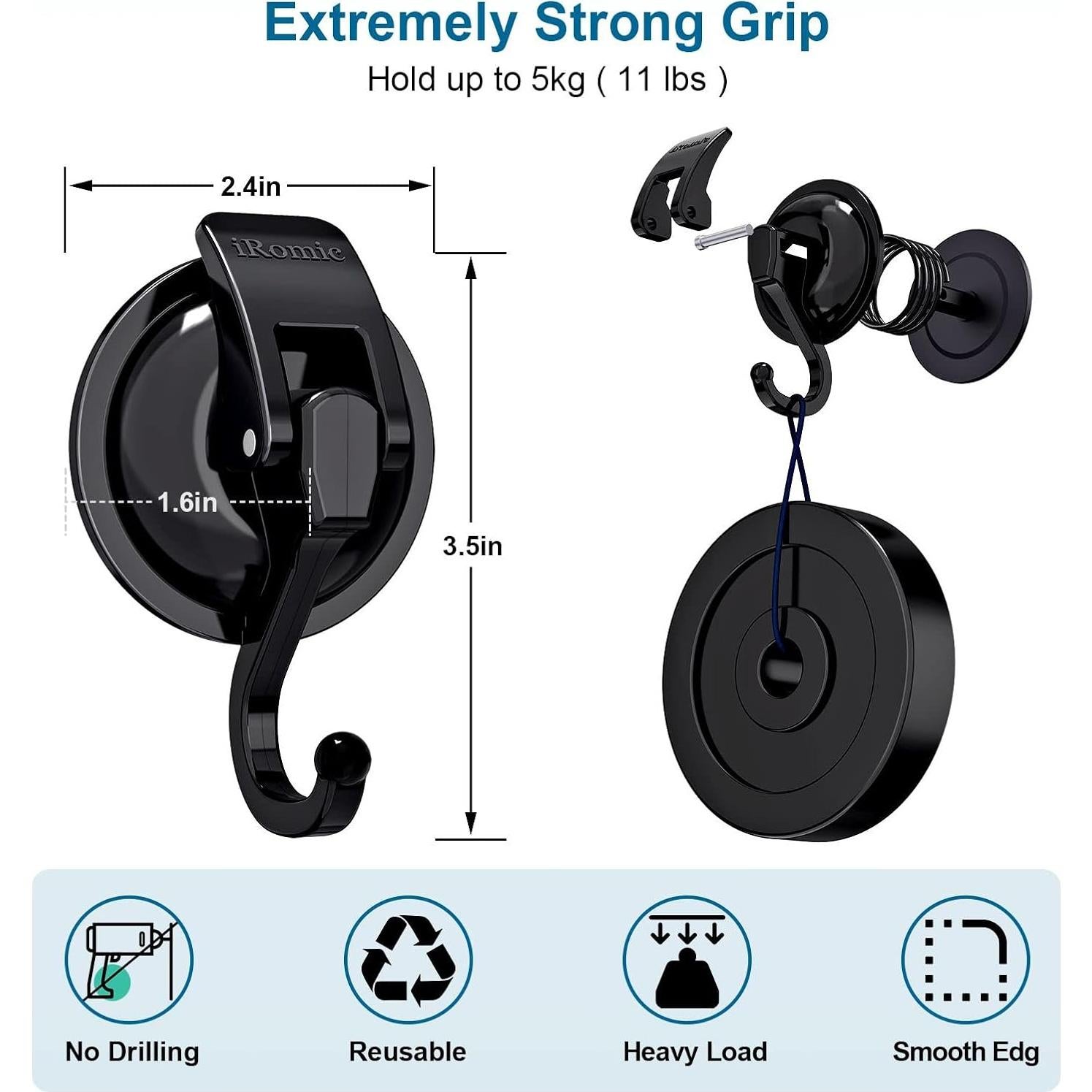 Ganchos de Ventosa iRomic Alta Resistencia 4 Piezas Negro