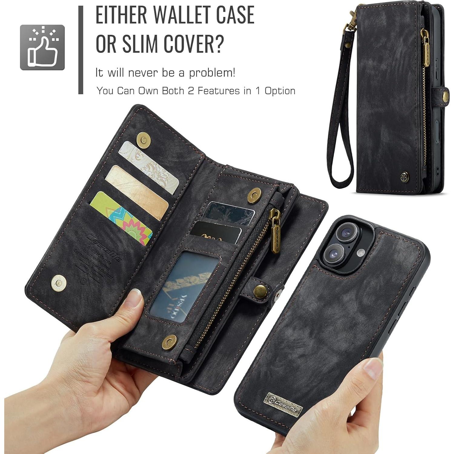 Funda billetera Kowauri para iPhone 16 Plus, cuero negro