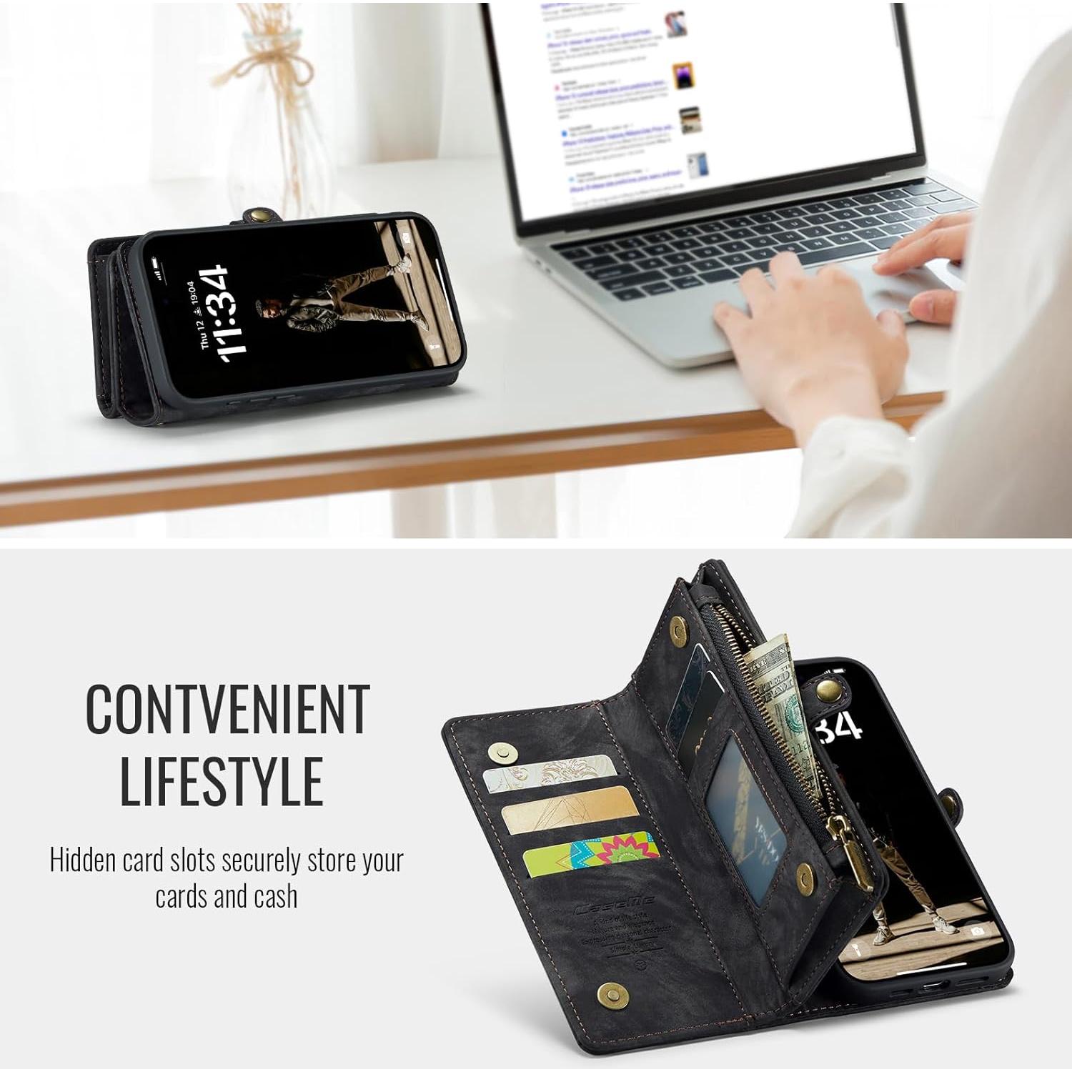 Funda billetera Kowauri para iPhone 16 Plus, cuero negro