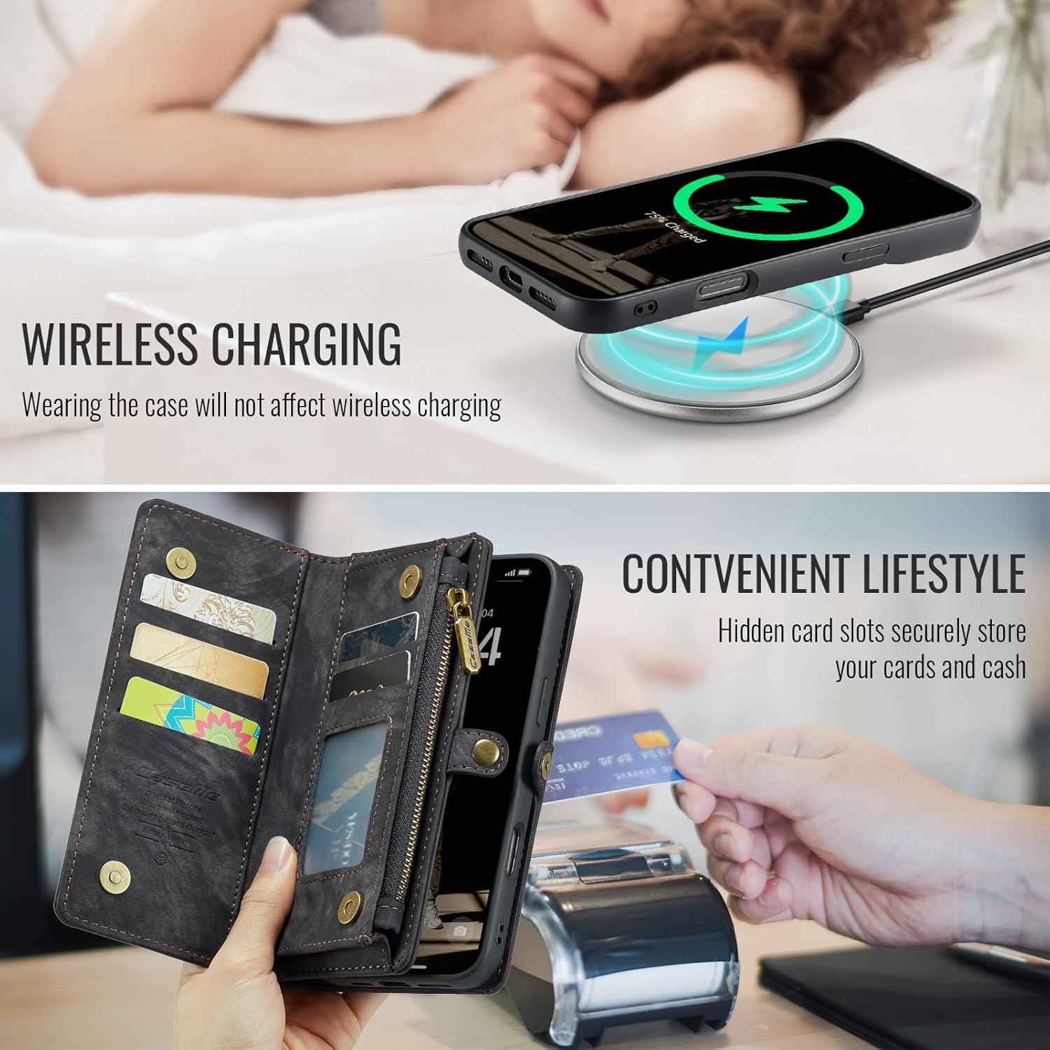 Funda billetera Kowauri para iPhone 16 Plus, cuero negro