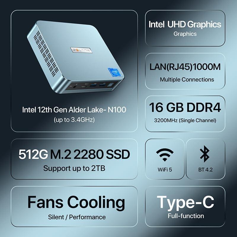 Mini PC PELADN N100, 16GB RAM, 512GB SSD, 4K 60Hz