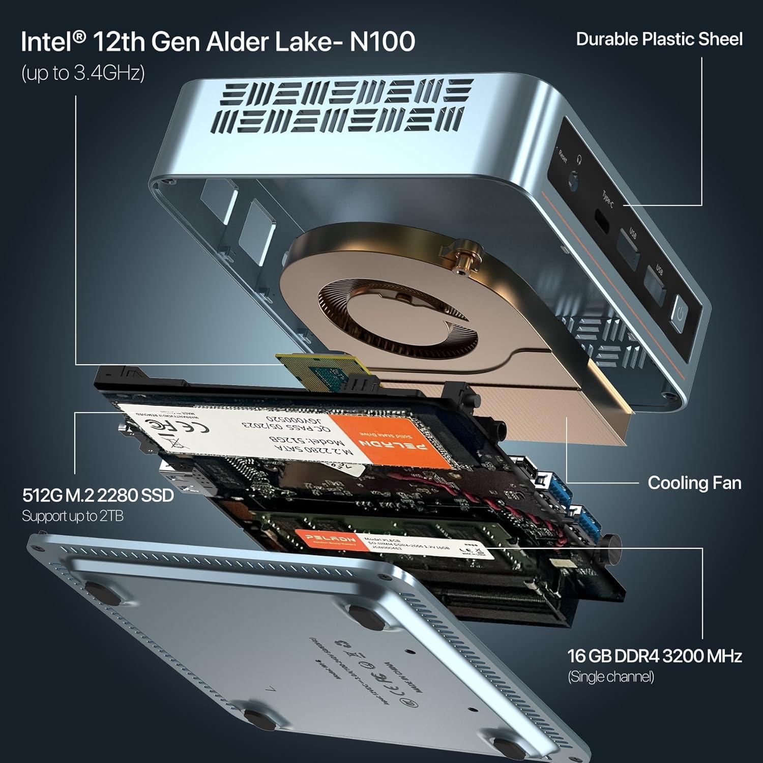 Mini PC PELADN N100, 16GB RAM, 512GB SSD, 4K 60Hz