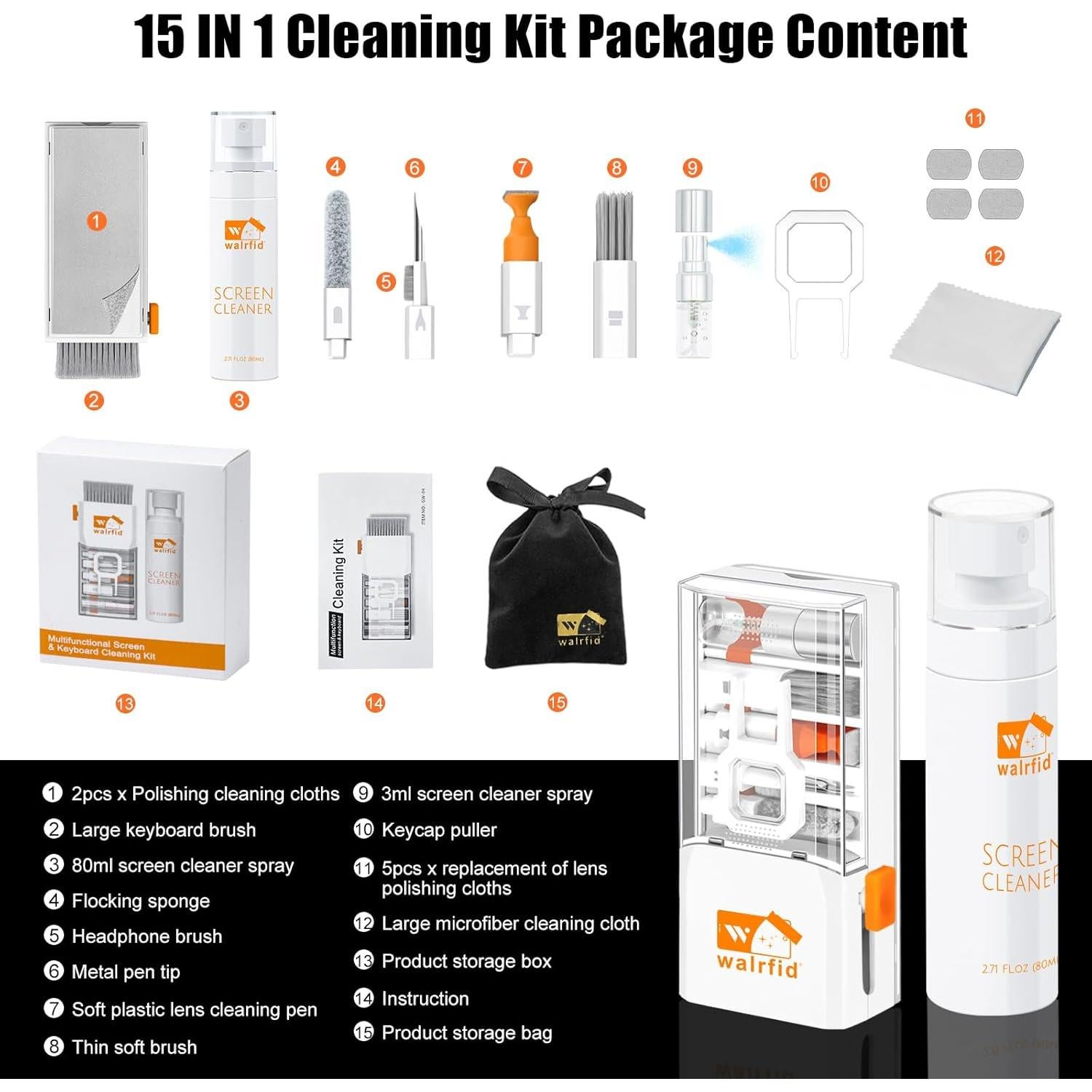 Kit de limpieza 15 en 1 Walrfid para teclado y pantalla 80ml