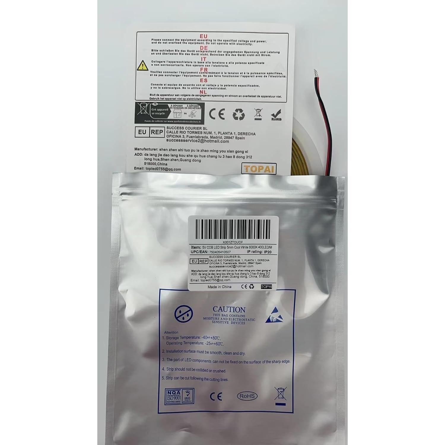 Tira LED COB 5V 5mm Blanca Fría 6000K 400 LEDs/m 5m