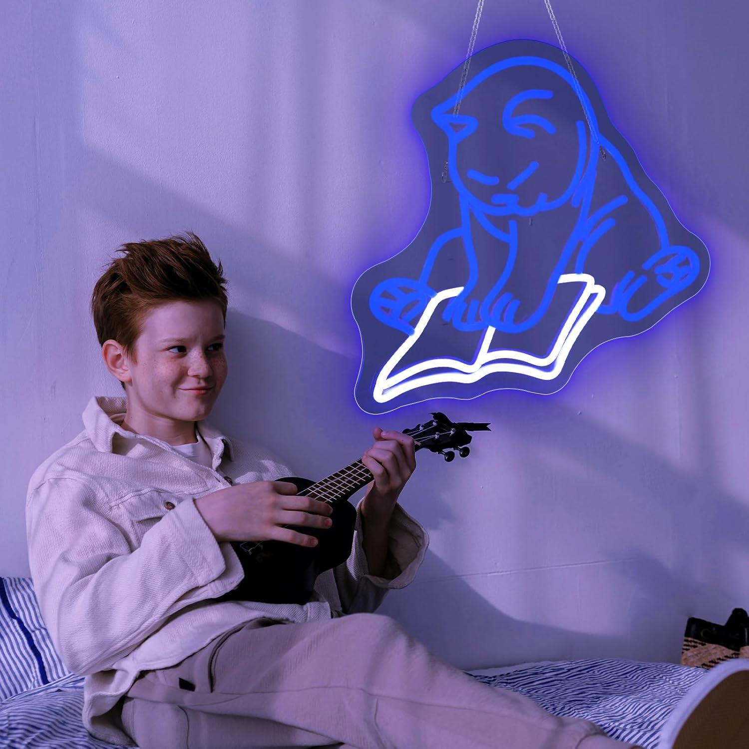 Luz de Neón Gato Leyendo Libro Pared LED 33.5x36.9cm