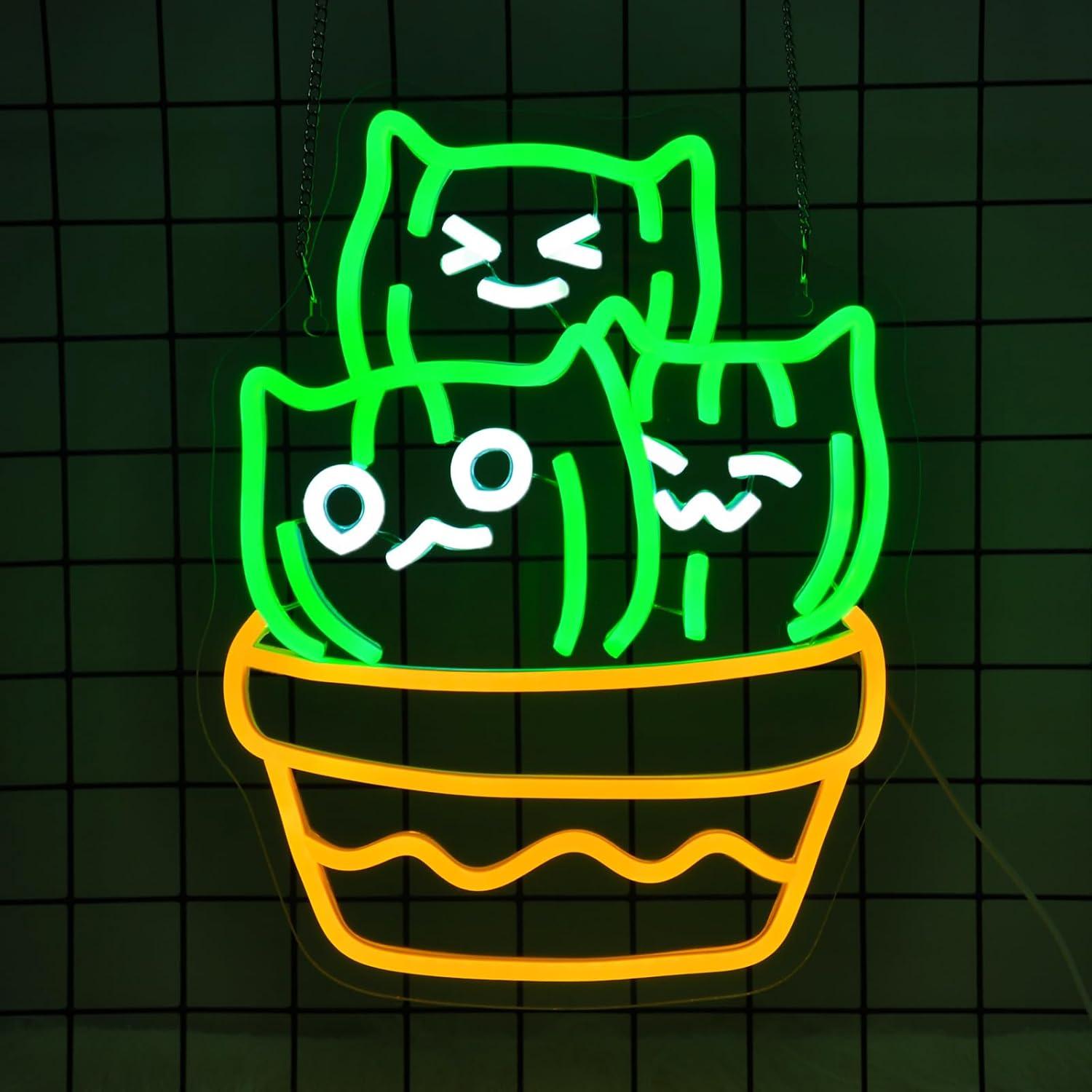 Luz de Neón LED Gato Cactus 35.5x27.5cm USB Decorativa