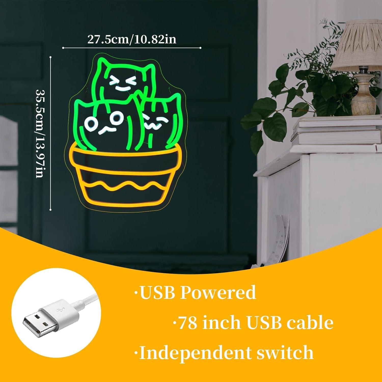 Luz de Neón LED Gato Cactus 35.5x27.5cm USB Decorativa