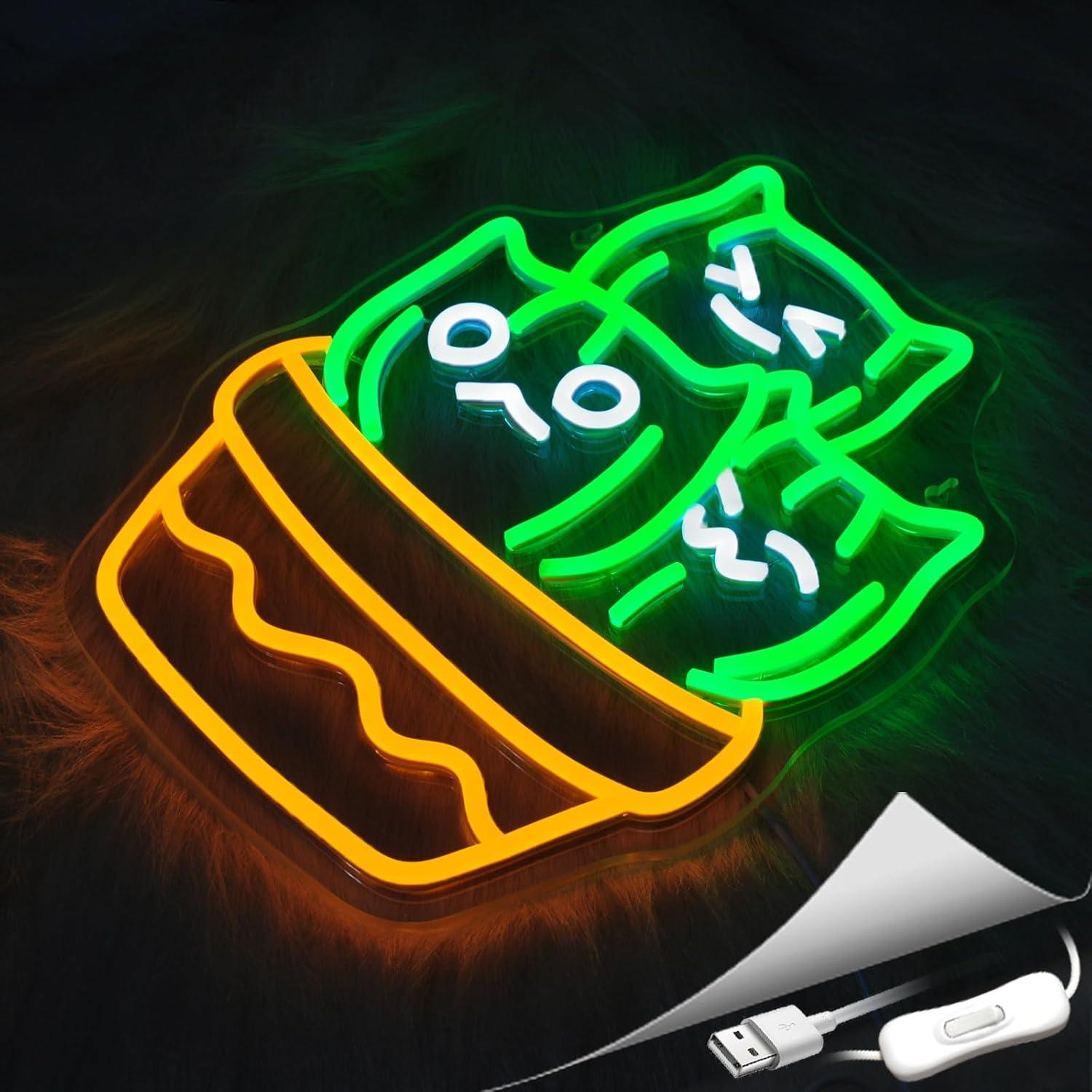 Luz de Neón LED Gato Cactus 35.5x27.5cm USB Decorativa