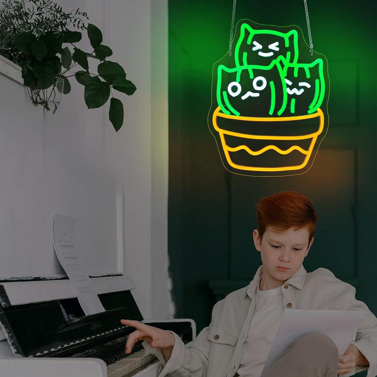 Luz de Neón LED Gato Cactus 35.5x27.5cm USB Decorativa