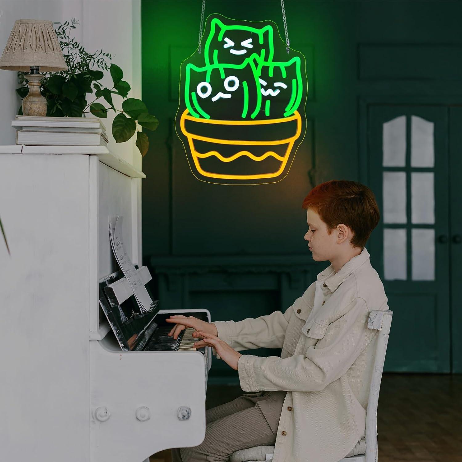 Luz de Neón LED Gato Cactus 35.5x27.5cm USB Decorativa