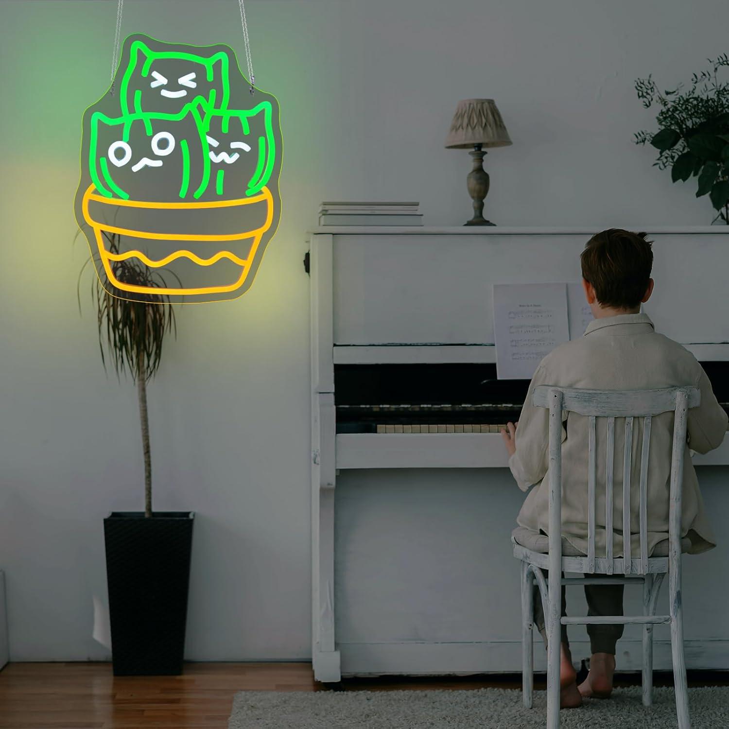 Luz de Neón LED Gato Cactus 35.5x27.5cm USB Decorativa