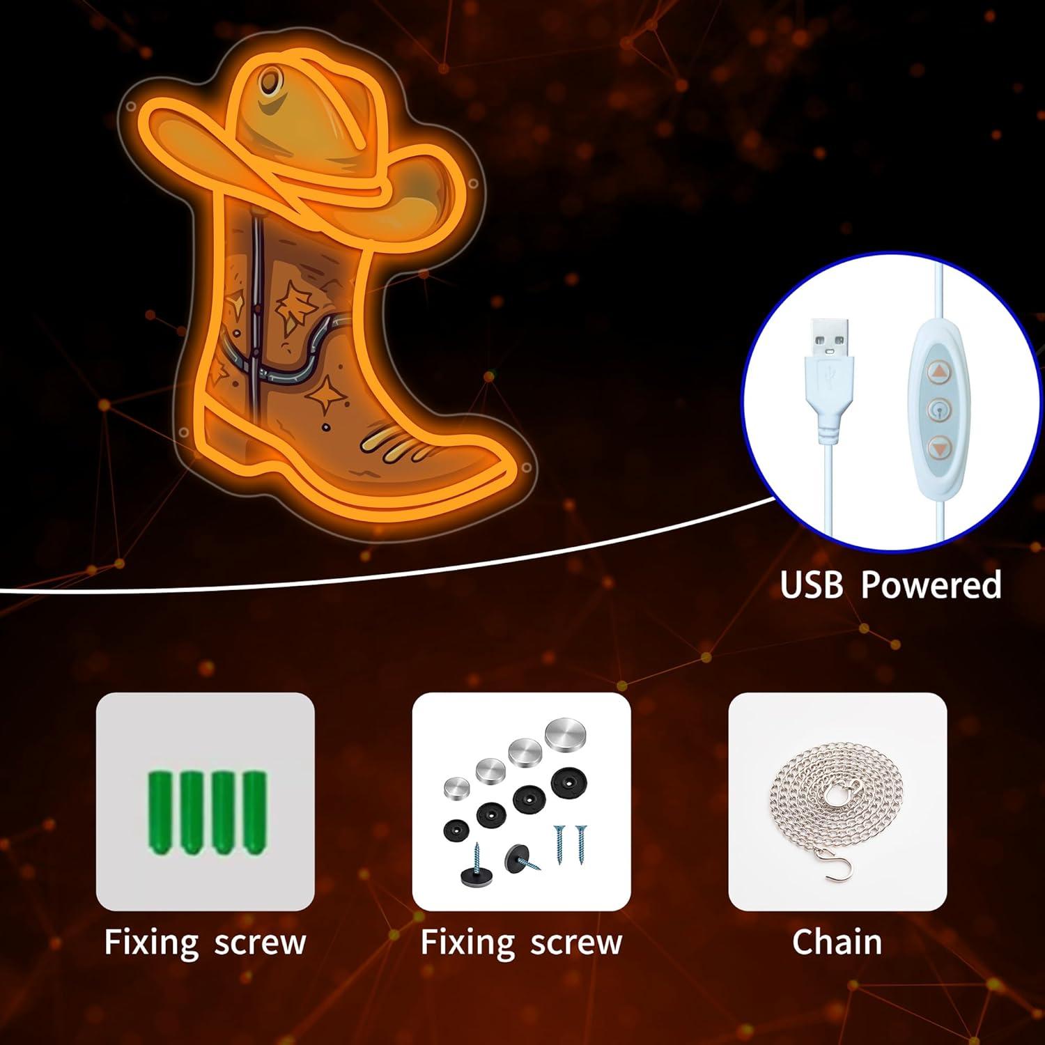 Cartel de Neón LED Moneter Bota de Vaquero y Sombrero 33x40.9cm