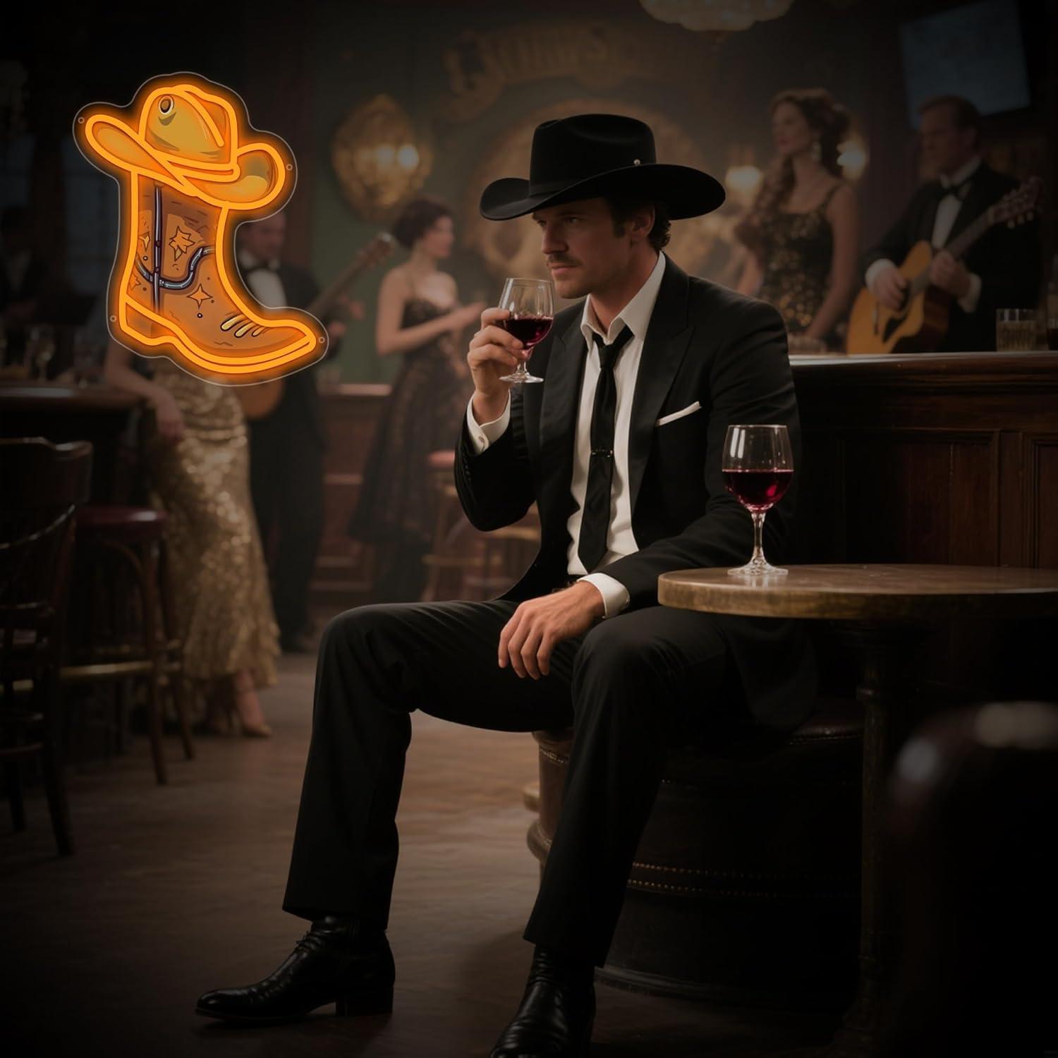 Cartel de Neón LED Moneter Bota de Vaquero y Sombrero 33x40.9cm