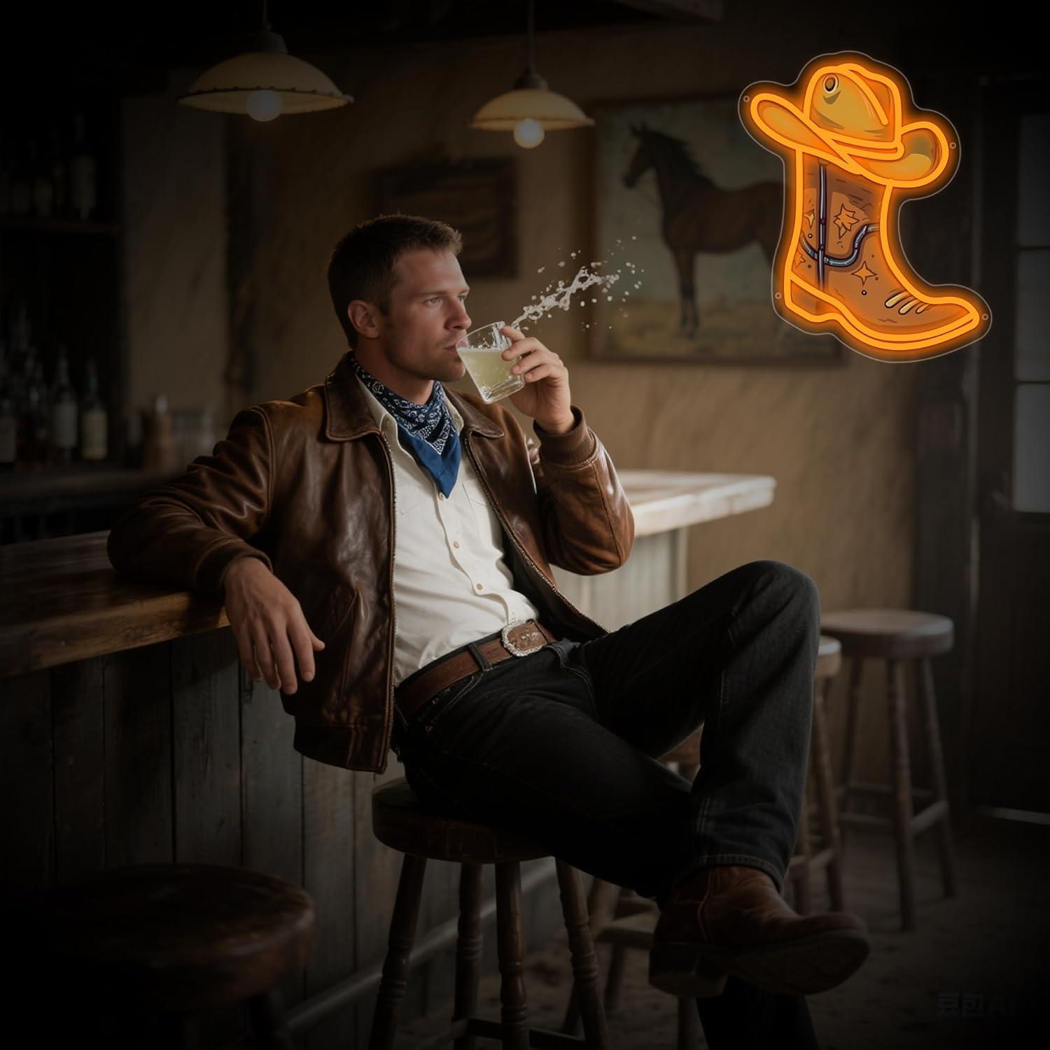 Cartel de Neón LED Moneter Bota de Vaquero y Sombrero 33x40.9cm