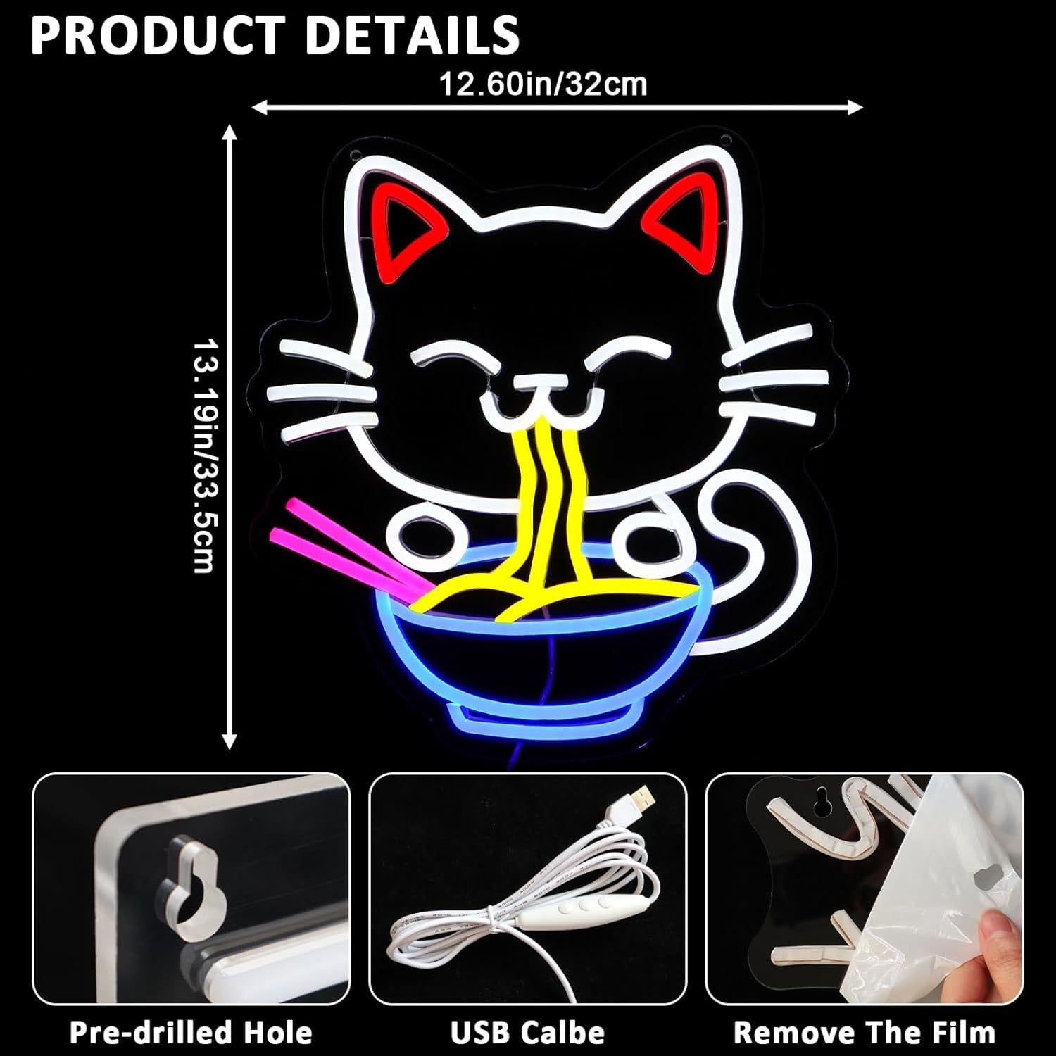 Cartel de Neón Gato de la Suerte Ramen LED 33.5x32cm