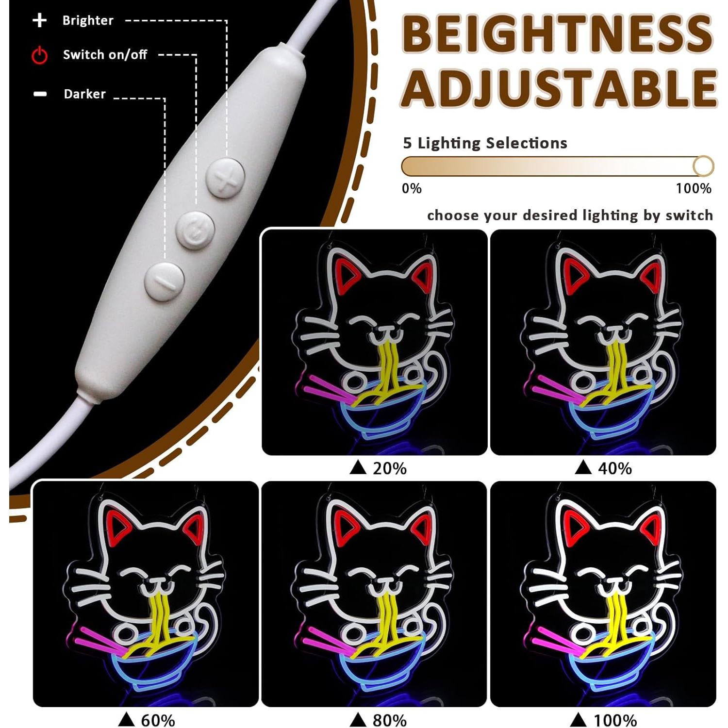 Cartel de Neón Gato de la Suerte Ramen LED 33.5x32cm