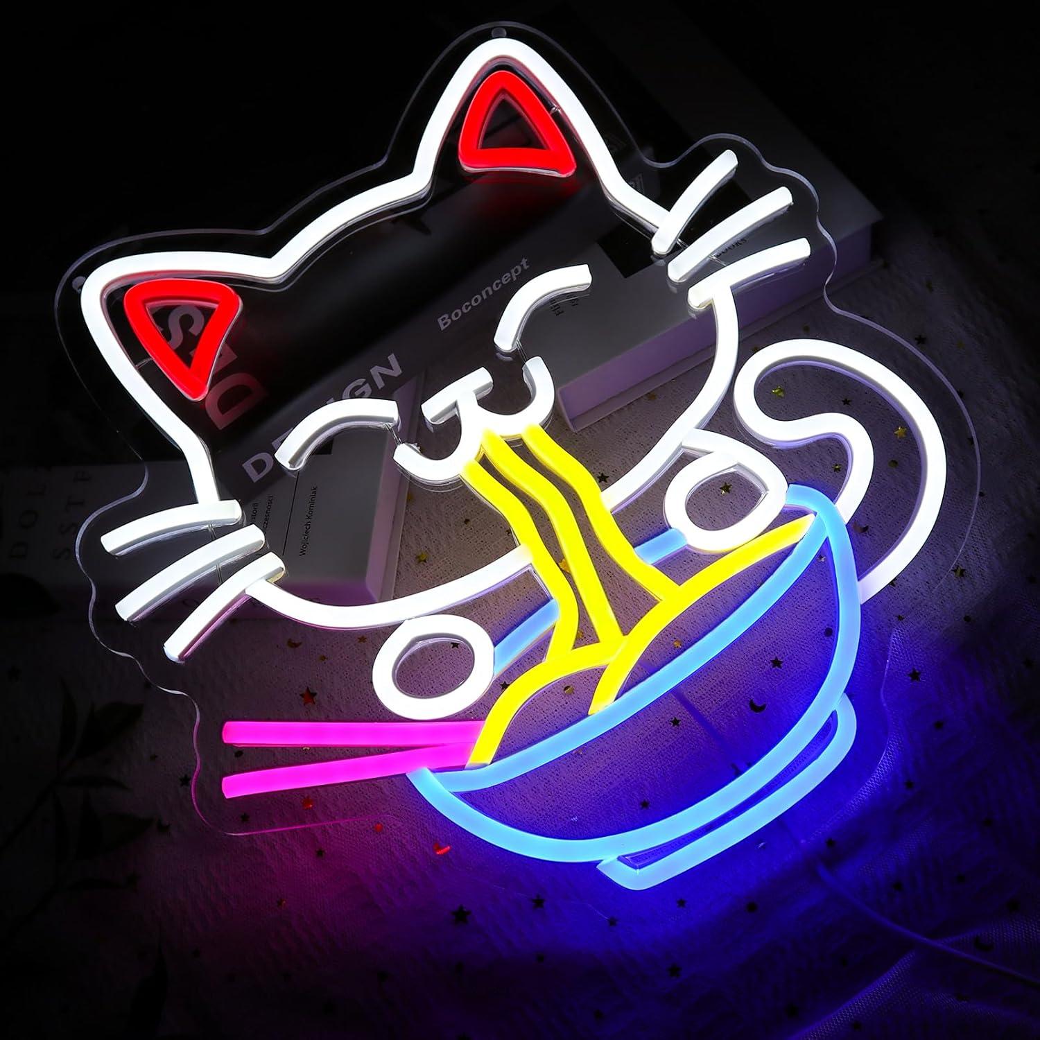 Cartel de Neón Gato de la Suerte Ramen LED 33.5x32cm