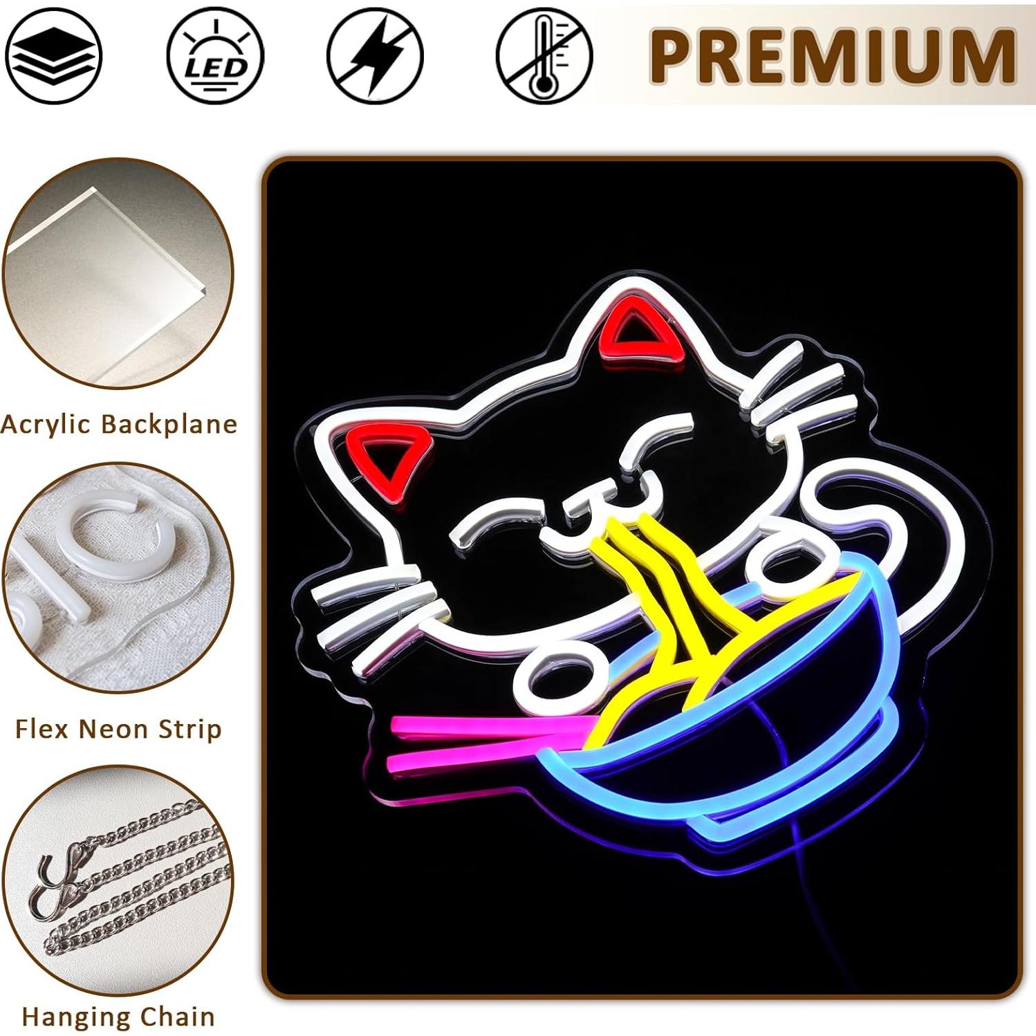 Cartel de Neón Gato de la Suerte Ramen LED 33.5x32cm