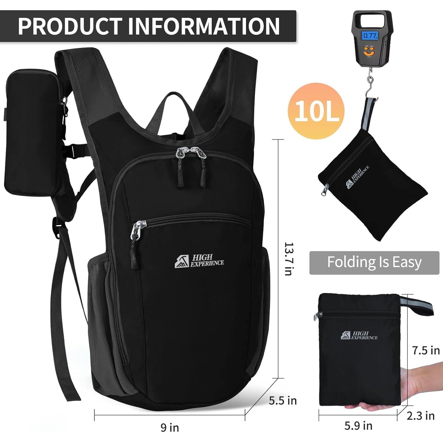 Mochila de Senderismo Plegable 10L High Experience Negra
