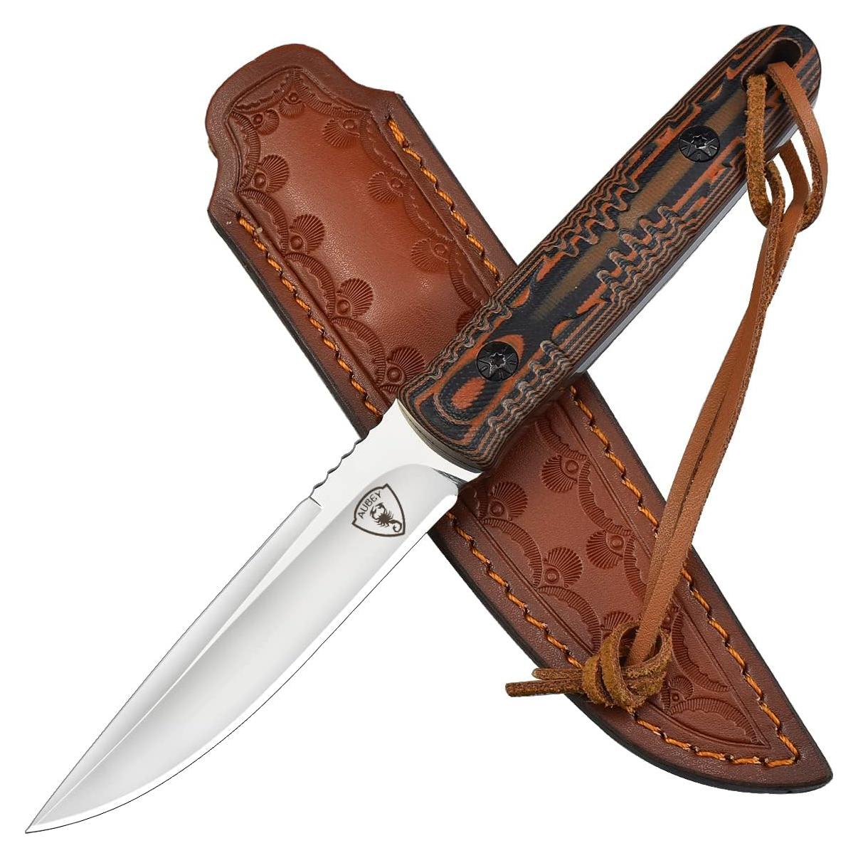 Cuchillo de Caza AUBEY D2 con Funda de Cuero 22 cm Mango G10