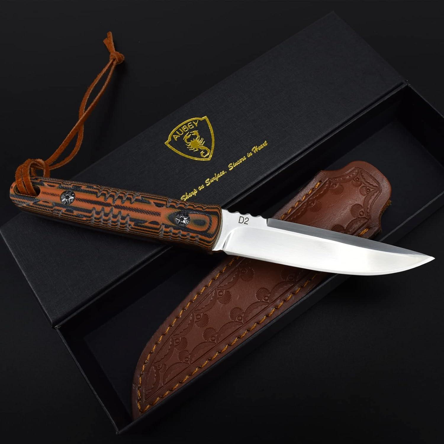 Cuchillo de Caza AUBEY D2 con Funda de Cuero 22 cm Mango G10