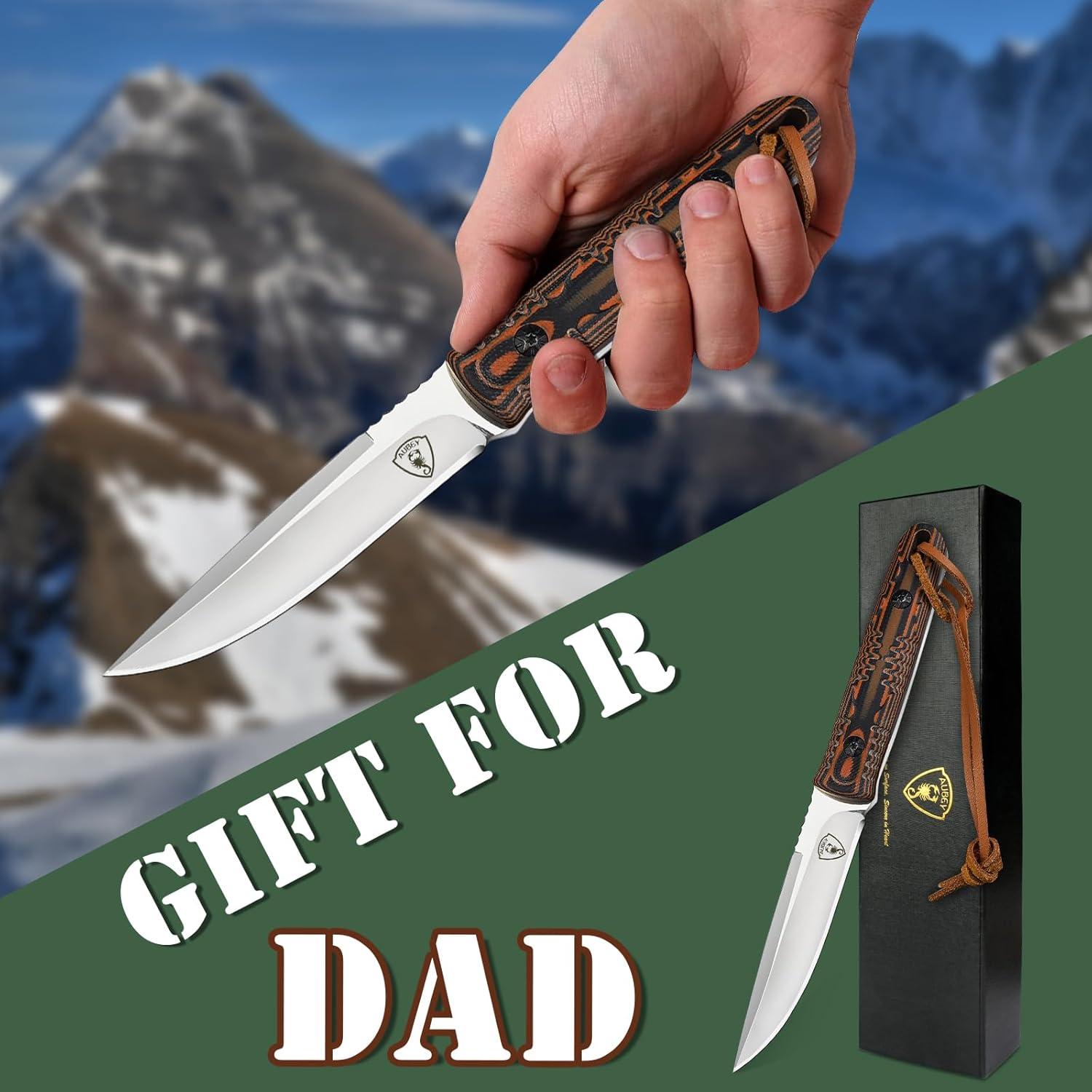 Cuchillo de Caza AUBEY D2 con Funda de Cuero 22 cm Mango G10