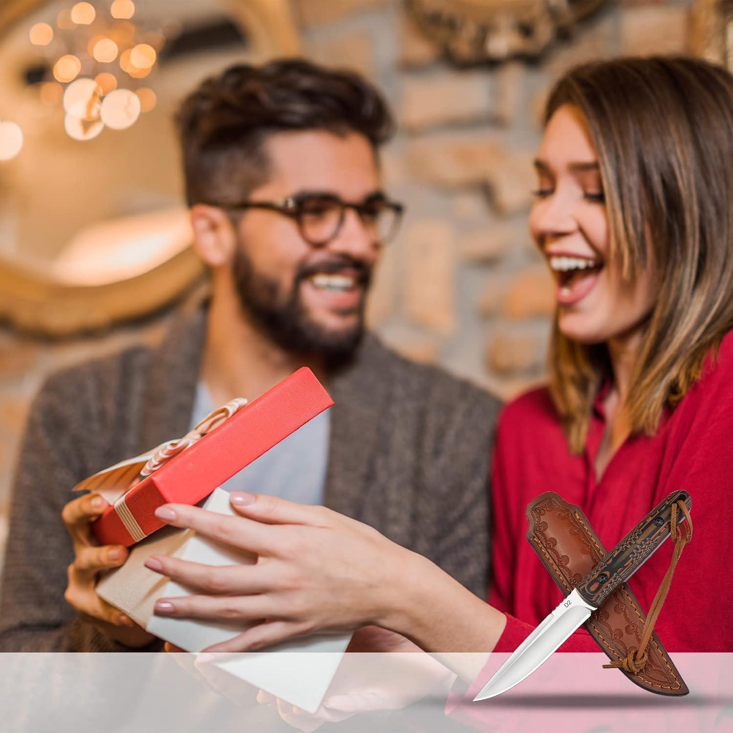 Cuchillo de Caza AUBEY D2 con Funda de Cuero 22 cm Mango G10