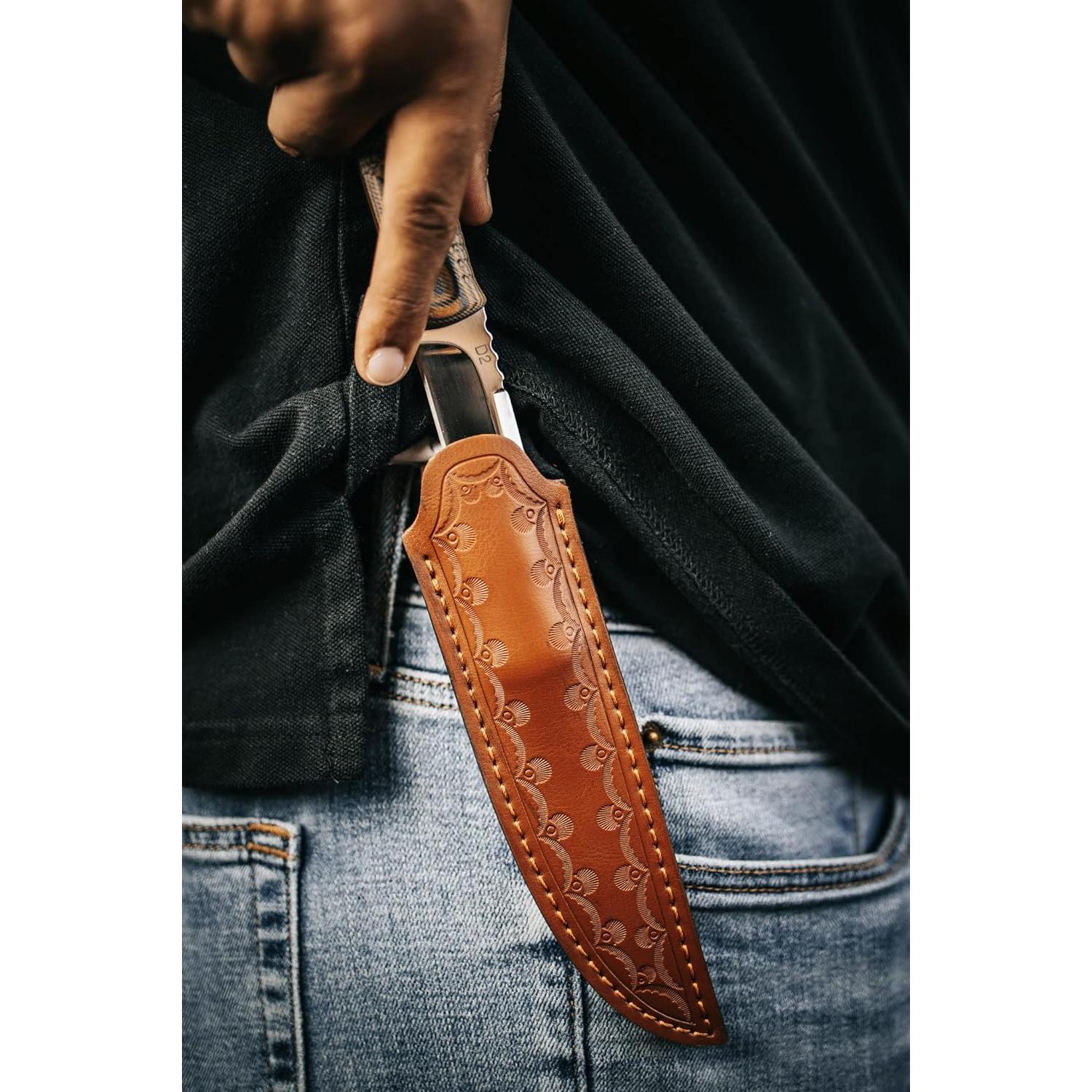 Cuchillo de Caza AUBEY D2 con Funda de Cuero 22 cm Mango G10