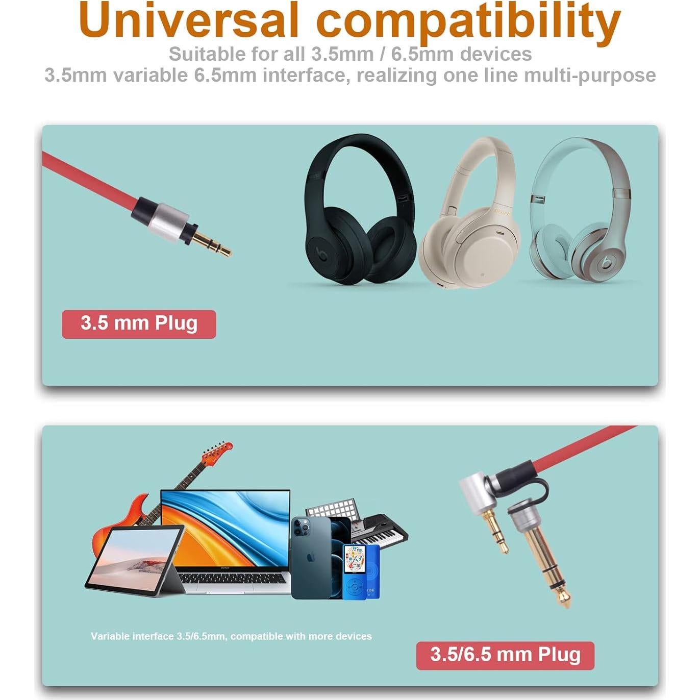 Cable Auxiliar de Reemplazo 3.5mm y 6.5mm Saipomor Rojo 2M