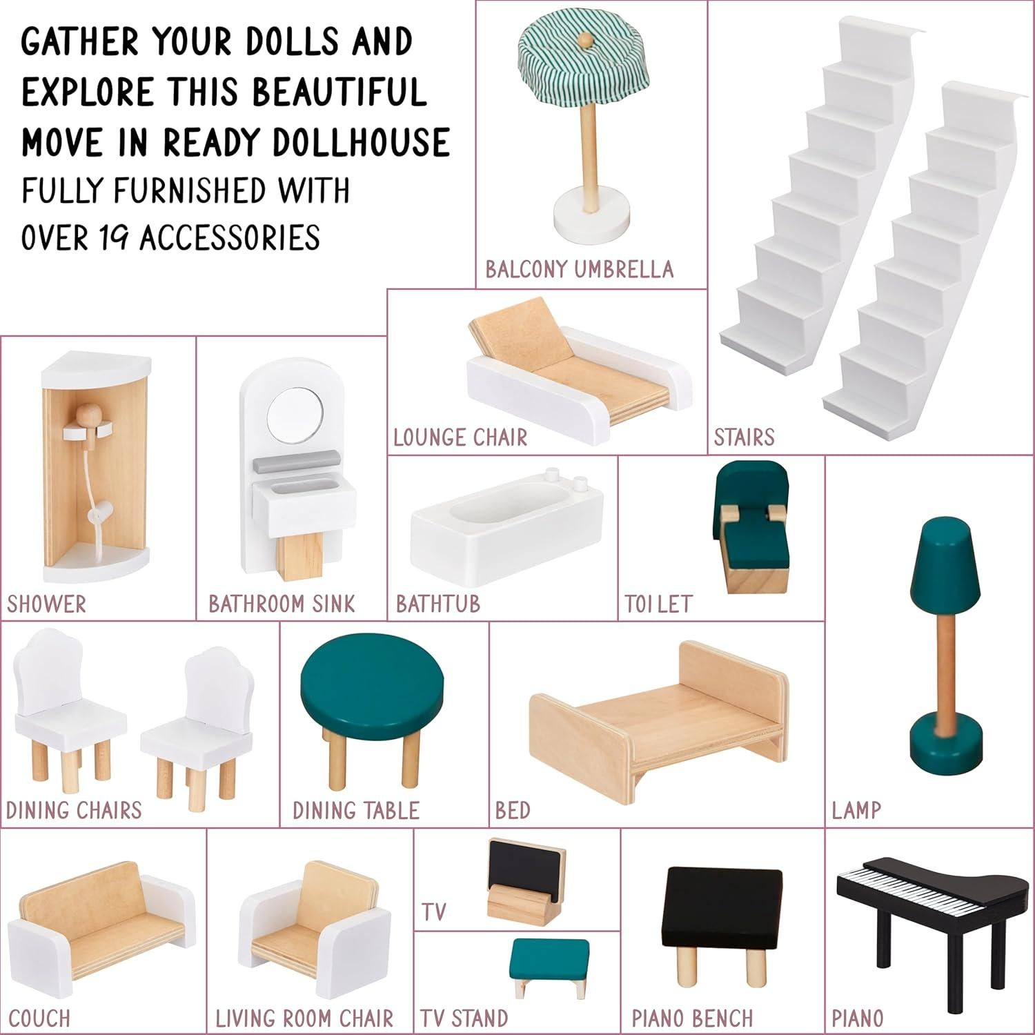 Casa de Muñecas de Madera Lil' Jumbl 3 Pisos Verde 17 Accesorios