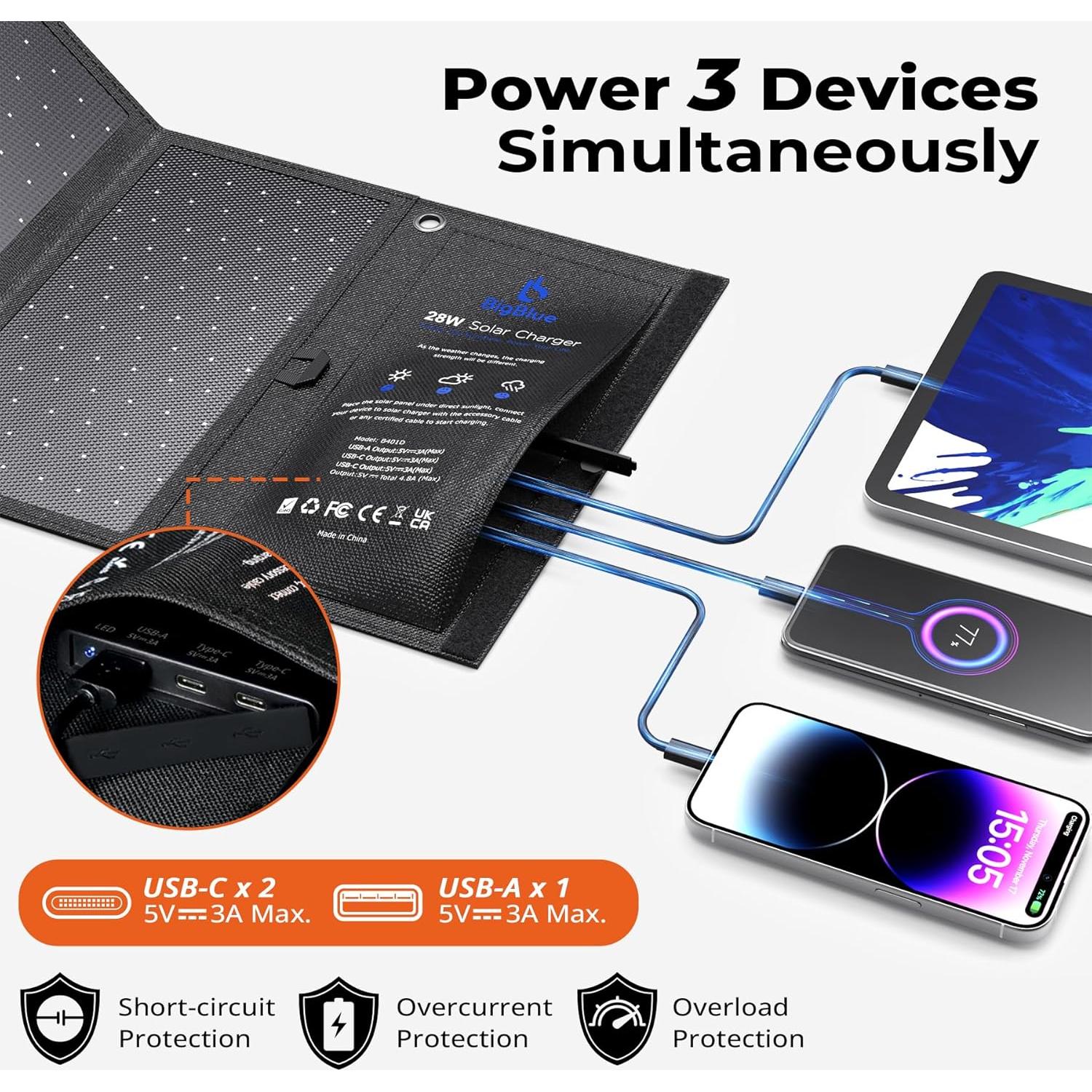 Cargador Solar BigBlue 28W 3 Puertos USB Plegable Camping
