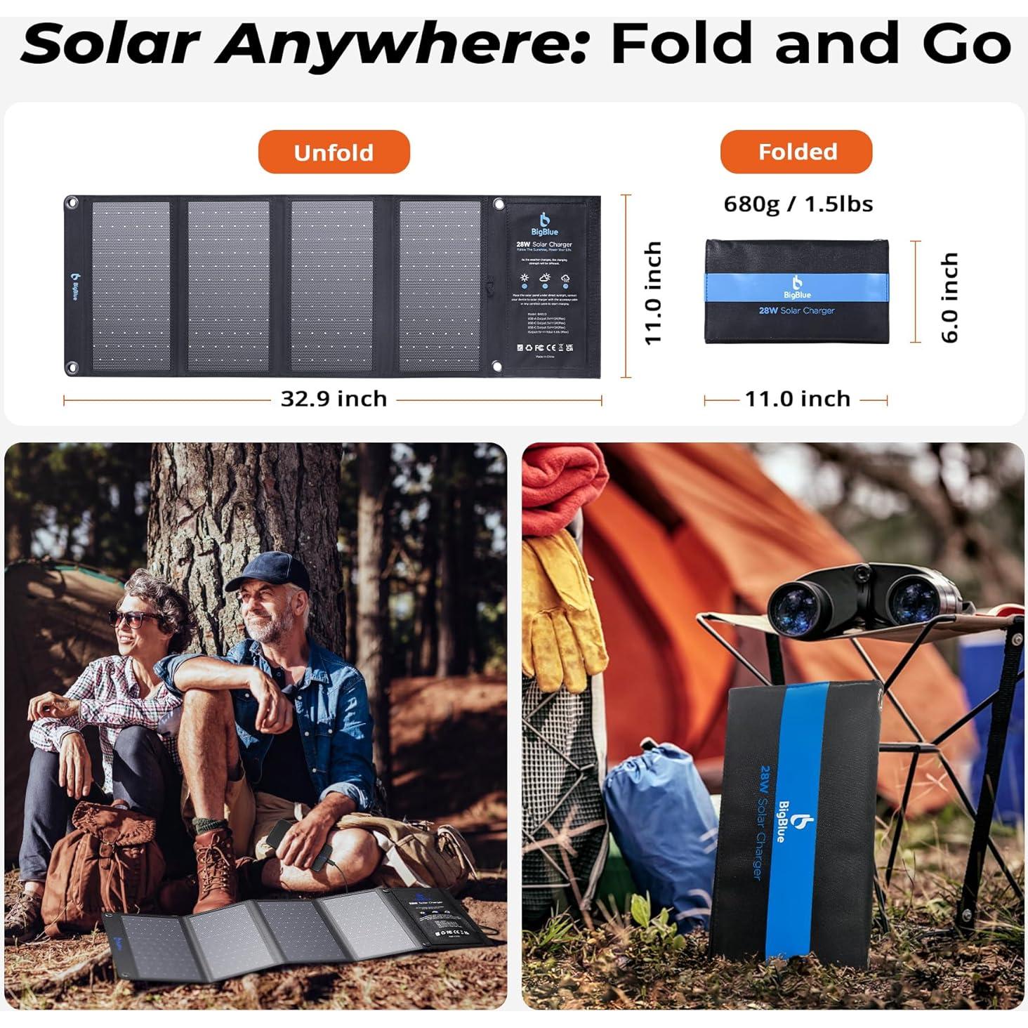 Cargador Solar BigBlue 28W 3 Puertos USB Plegable Camping