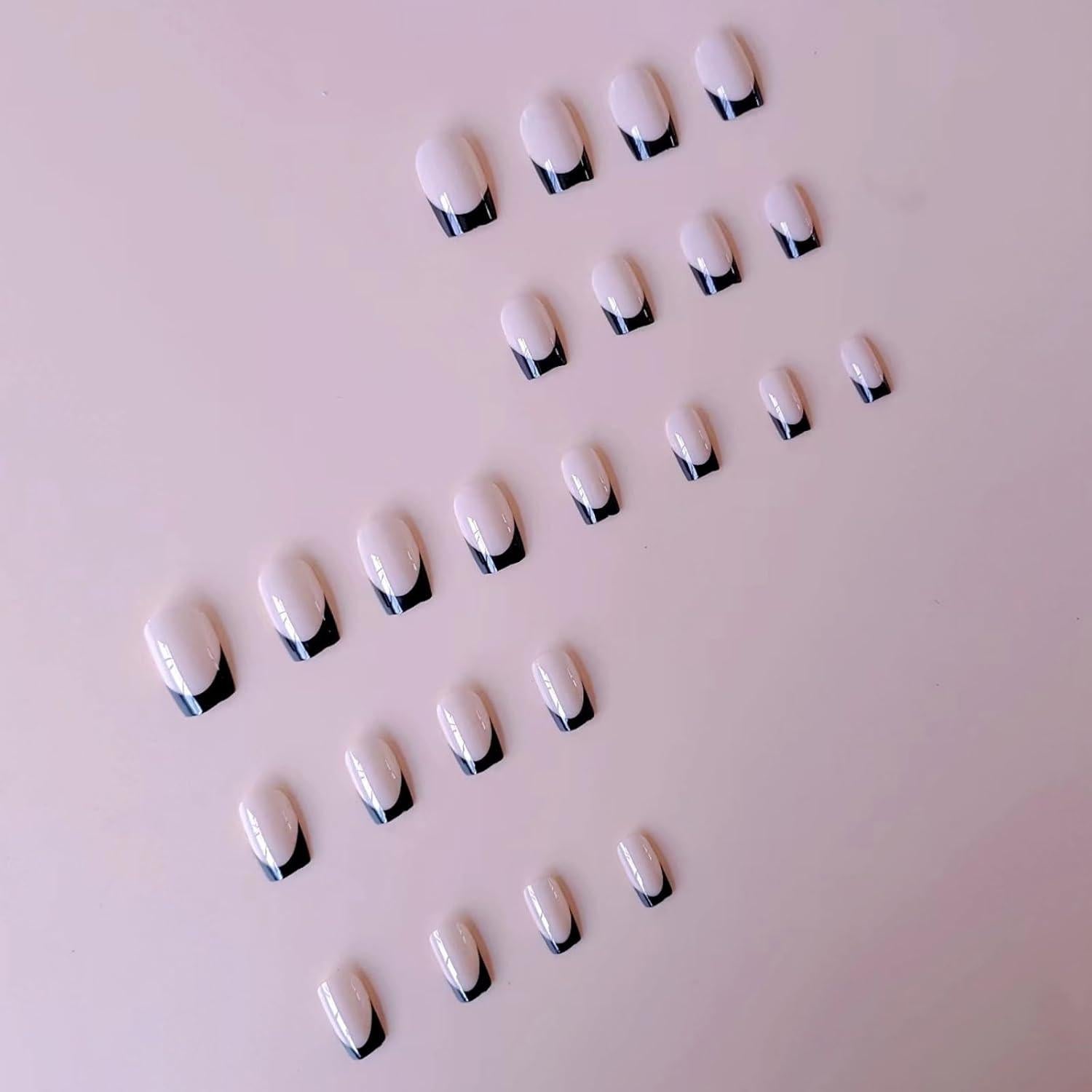 Uñas Postizas Cortas Cuadradas Puyokinm 24 Pcs Punta Francesa Negra