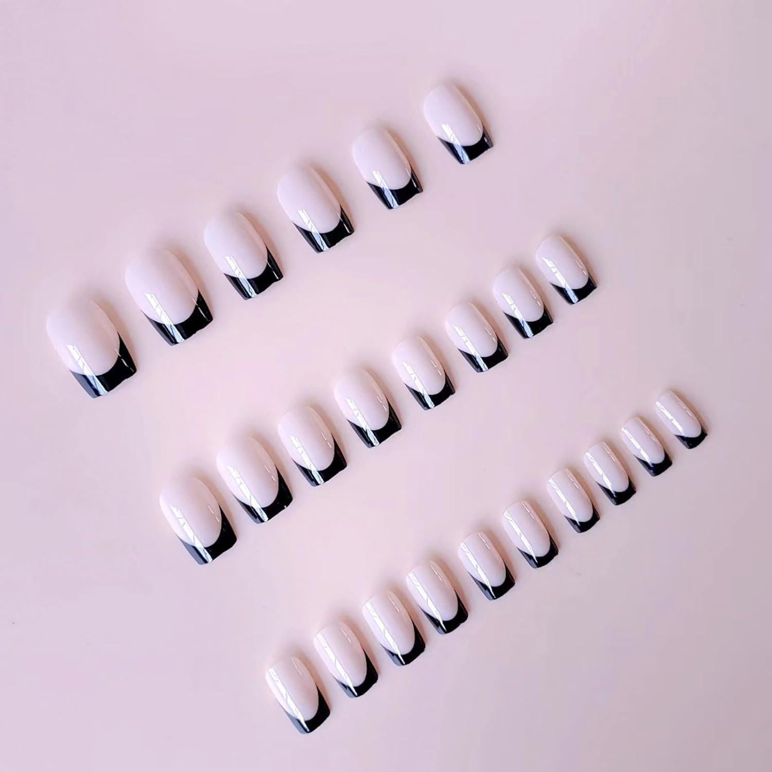 Uñas Postizas Cortas Cuadradas Puyokinm 24 Pcs Punta Francesa Negra