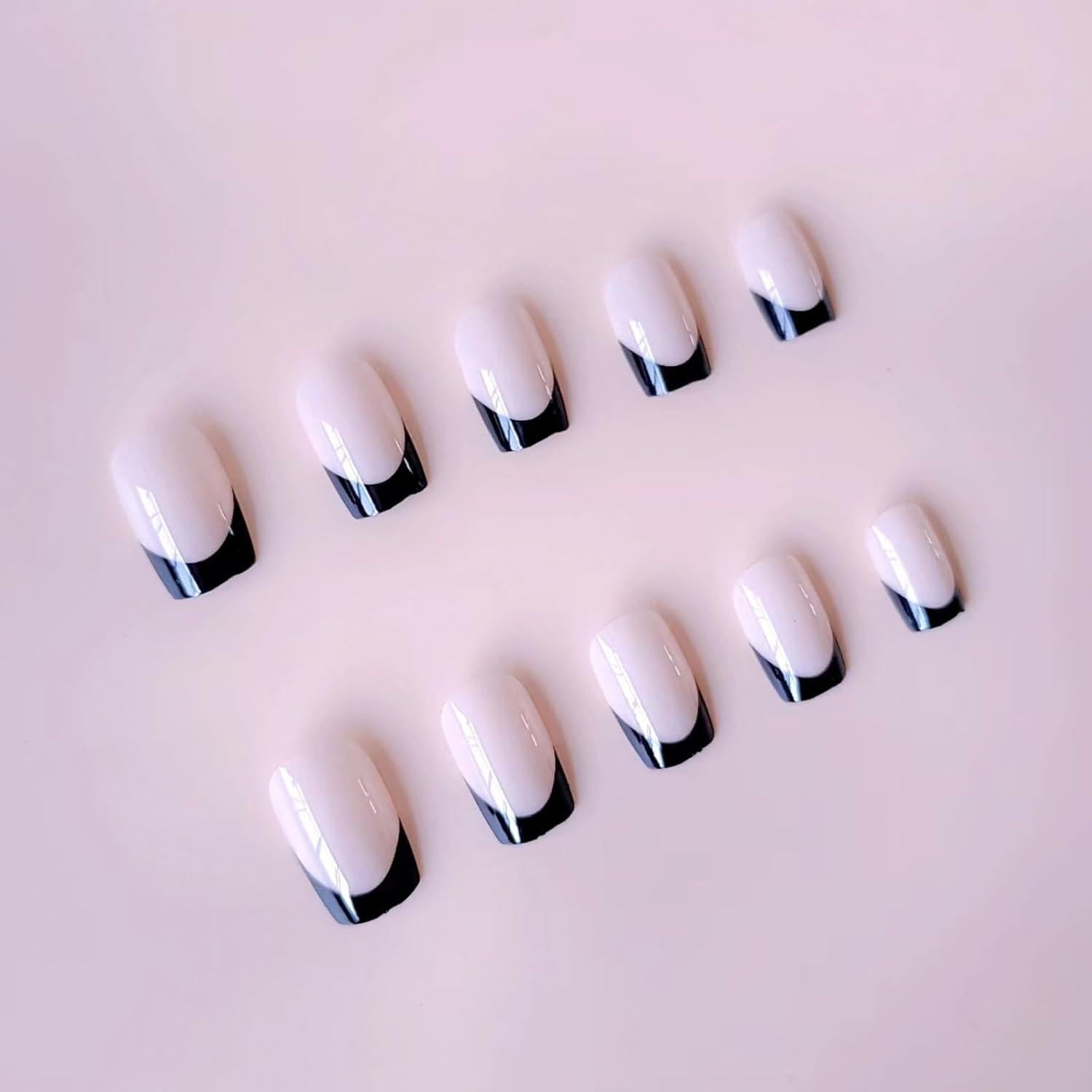 Uñas Postizas Cortas Cuadradas Puyokinm 24 Pcs Punta Francesa Negra