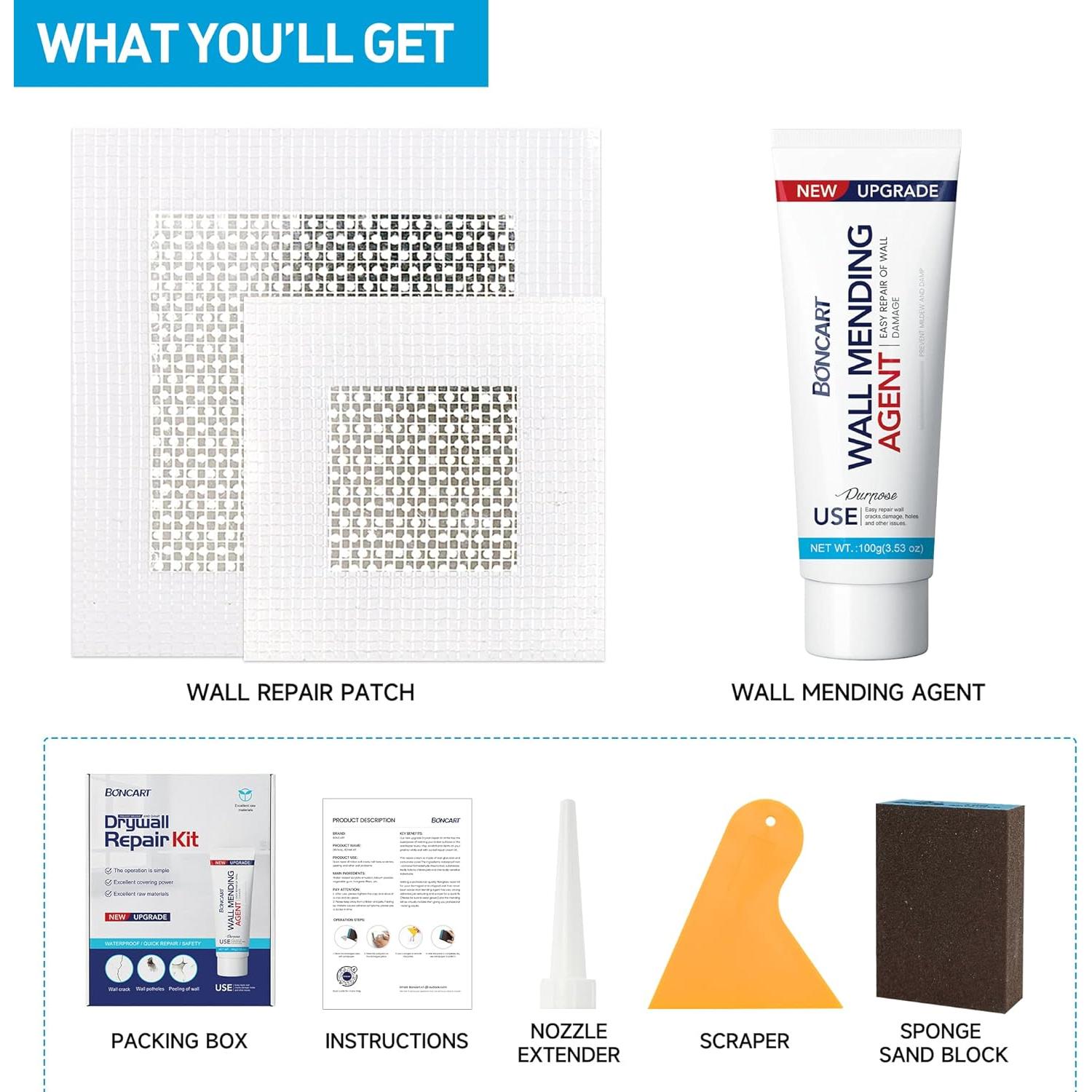 Kit de Reparación de Pared Boncart - Masilla 100g y Parche 2" a 4"