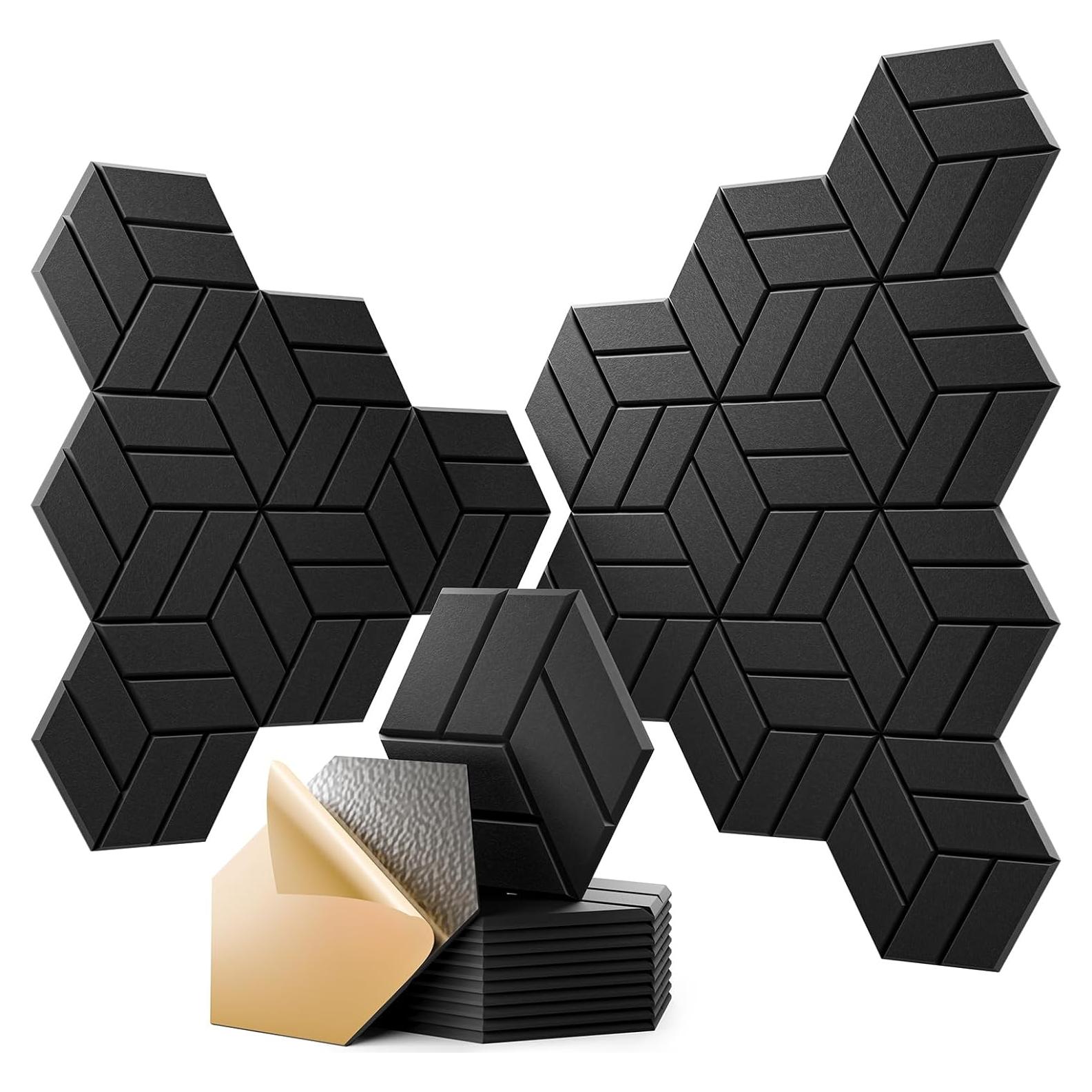 12 Paneles Acústicos Autoadhesivos Hexagonales 30.48x25.4cm Negro