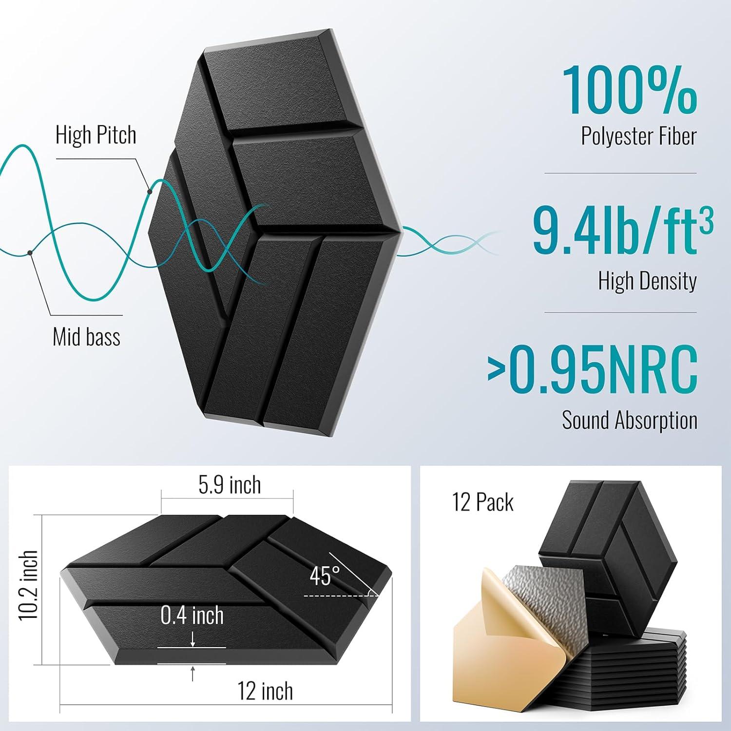 12 Paneles Acústicos Autoadhesivos Hexagonales 30.48x25.4cm Negro