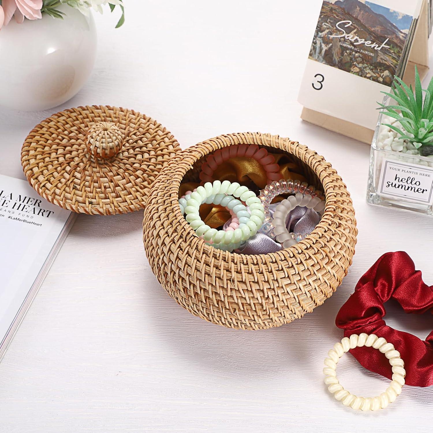 Cesta de Almacenamiento Redonda Hipiwe de Ratan con Tapa 12x8 cm