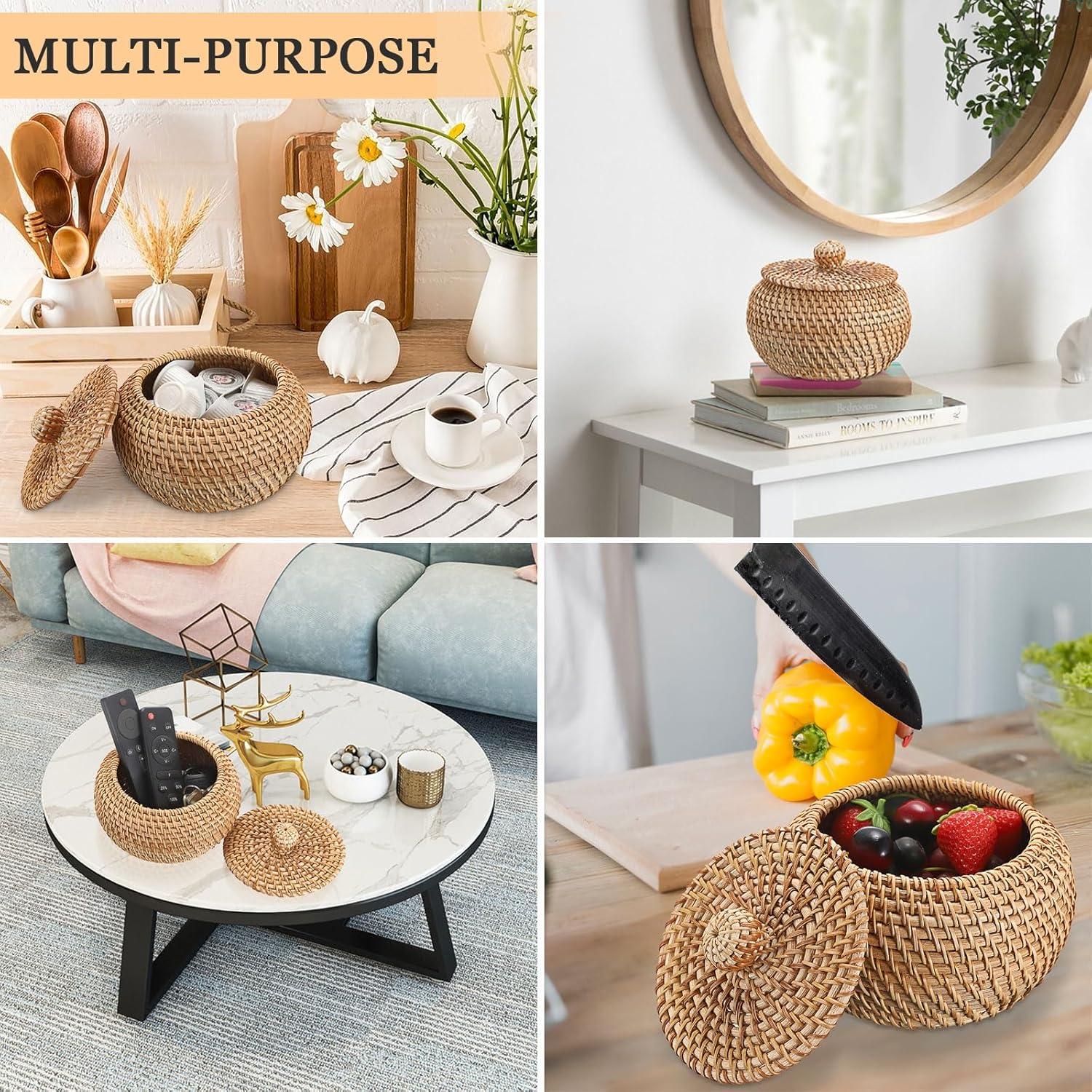 Cesta de Almacenamiento Redonda Hipiwe de Ratan con Tapa 12x8 cm