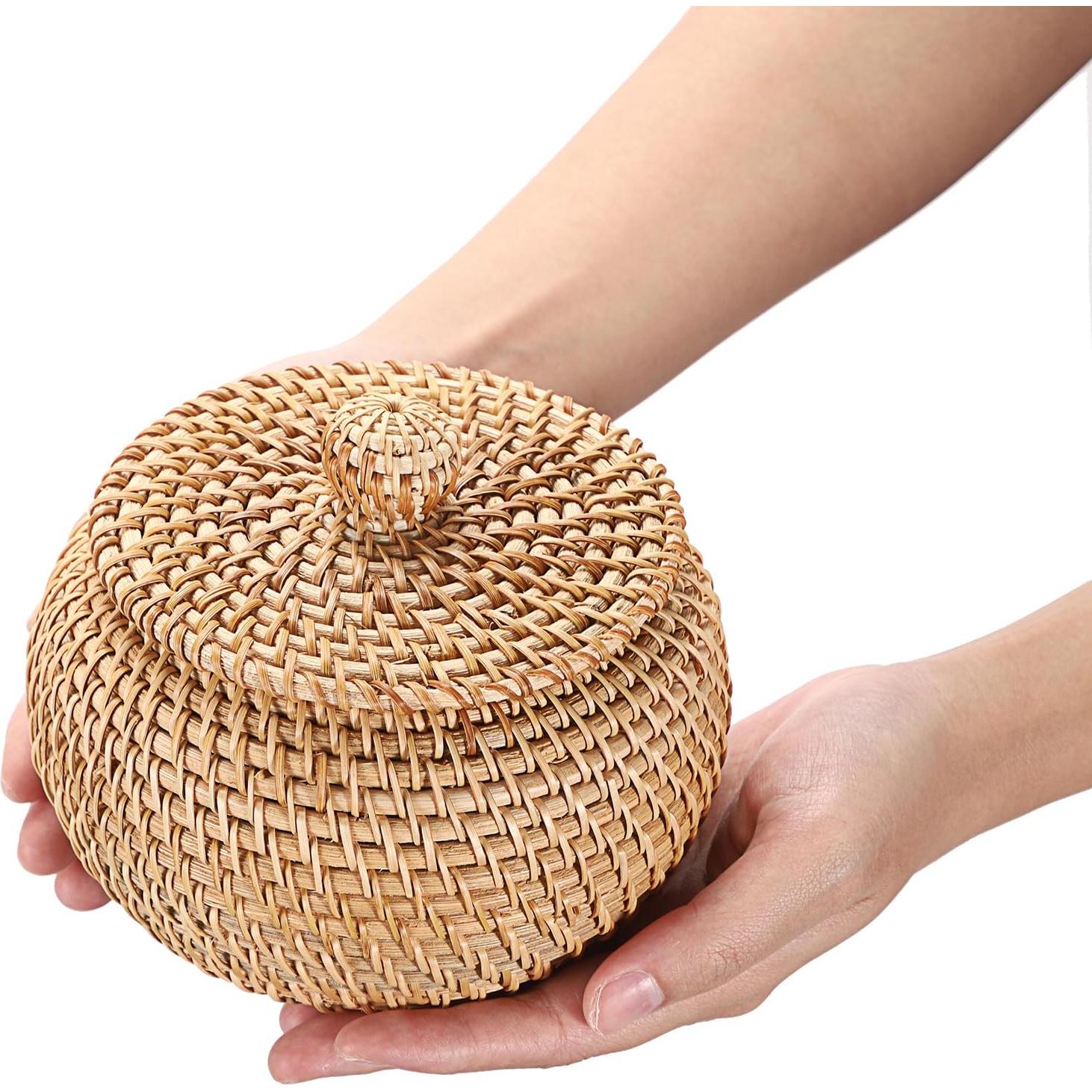 Cesta de Almacenamiento Redonda Hipiwe de Ratan con Tapa 12x8 cm