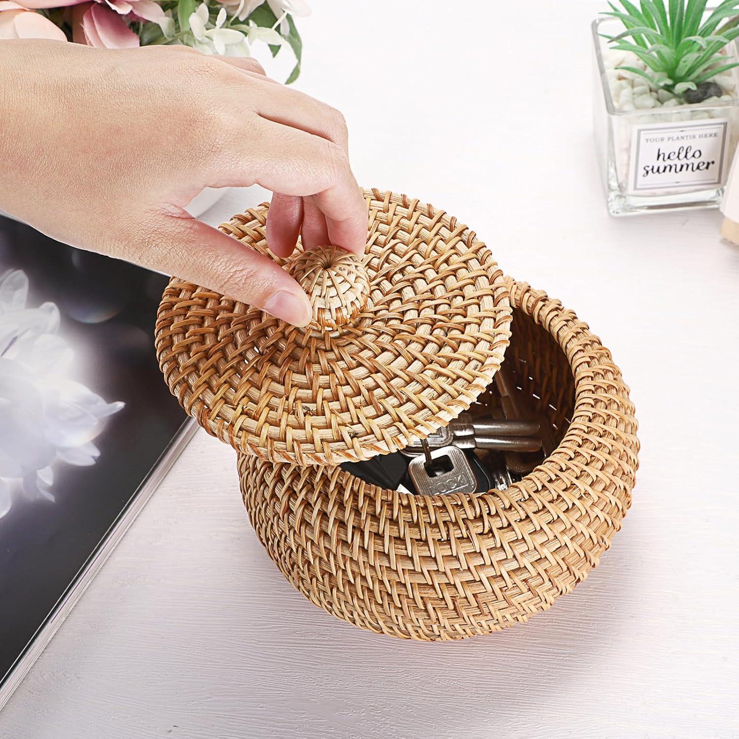 Cesta de Almacenamiento Redonda Hipiwe de Ratan con Tapa 12x8 cm