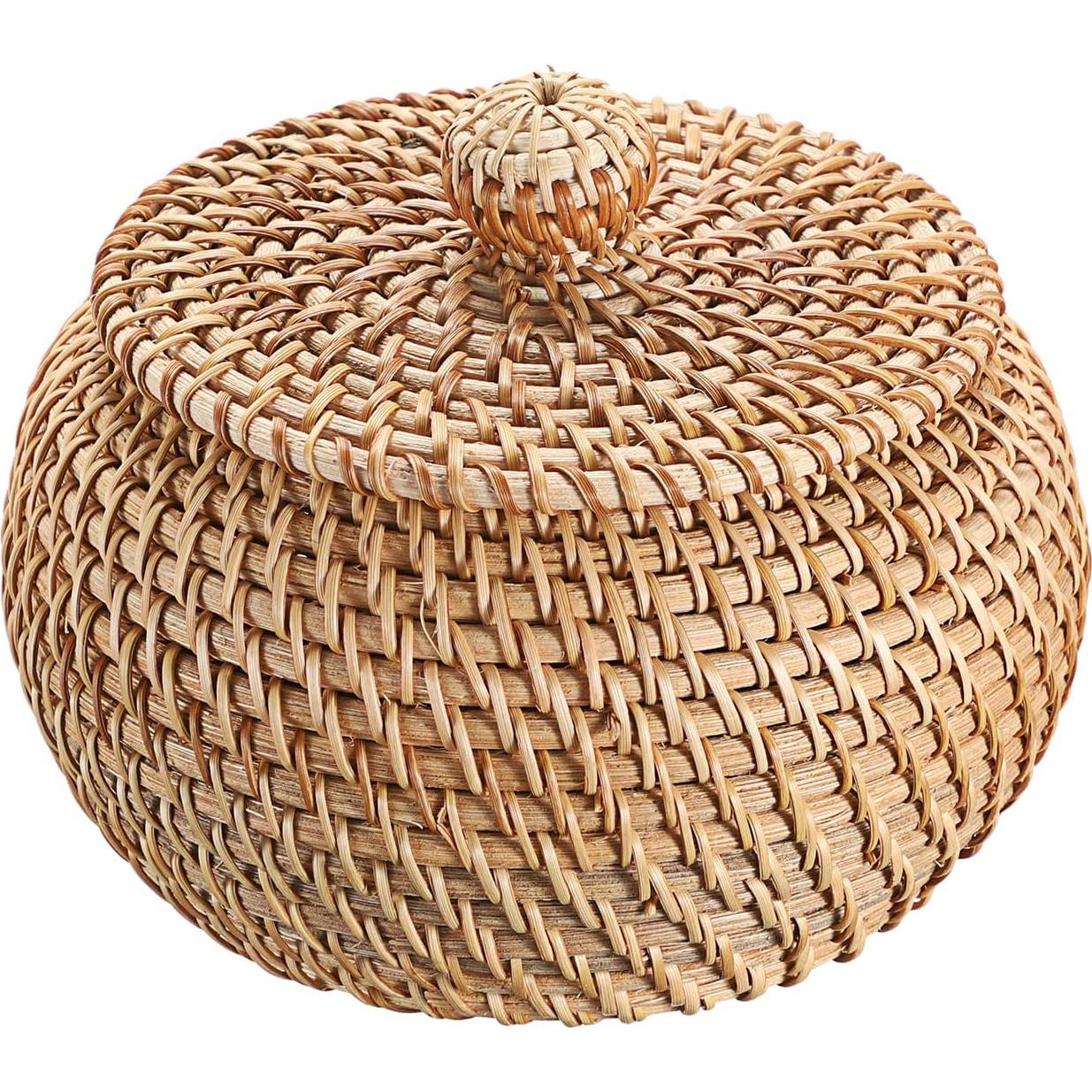 Cesta de Almacenamiento Redonda Hipiwe de Ratan con Tapa 12x8 cm
