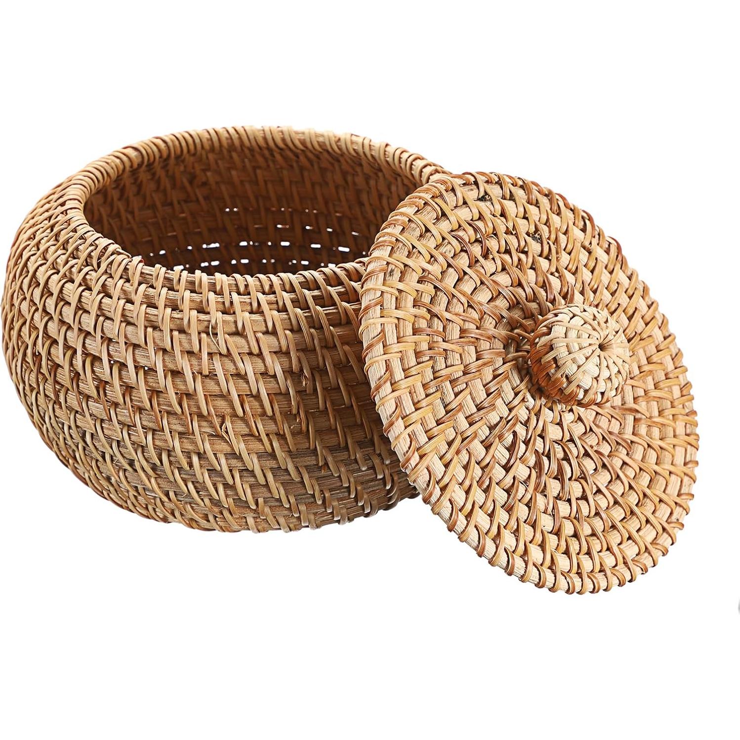 Cesta de Almacenamiento Redonda Hipiwe de Ratan con Tapa 12x8 cm