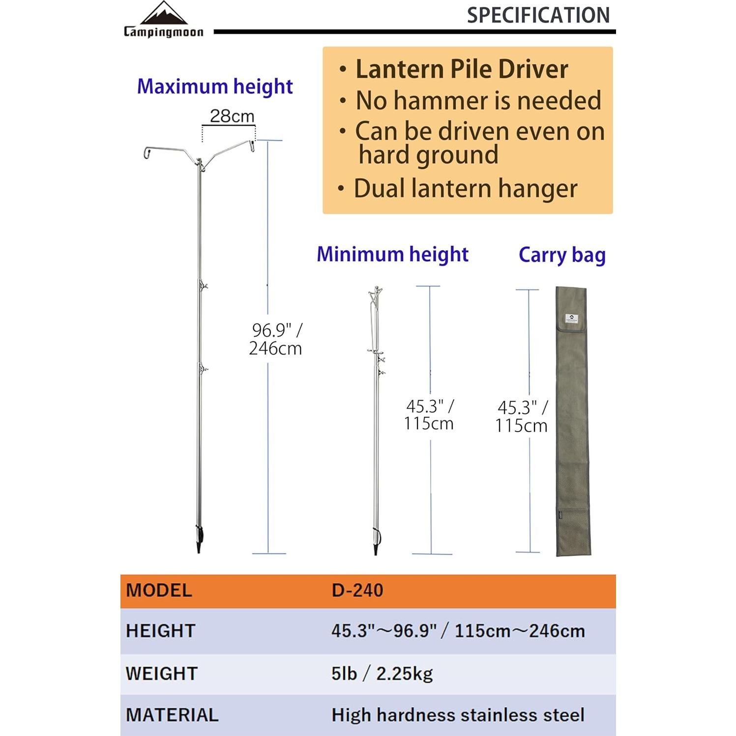 Soporte de Linterna Camping Moon D-240 Acero Inoxidable Ajustable