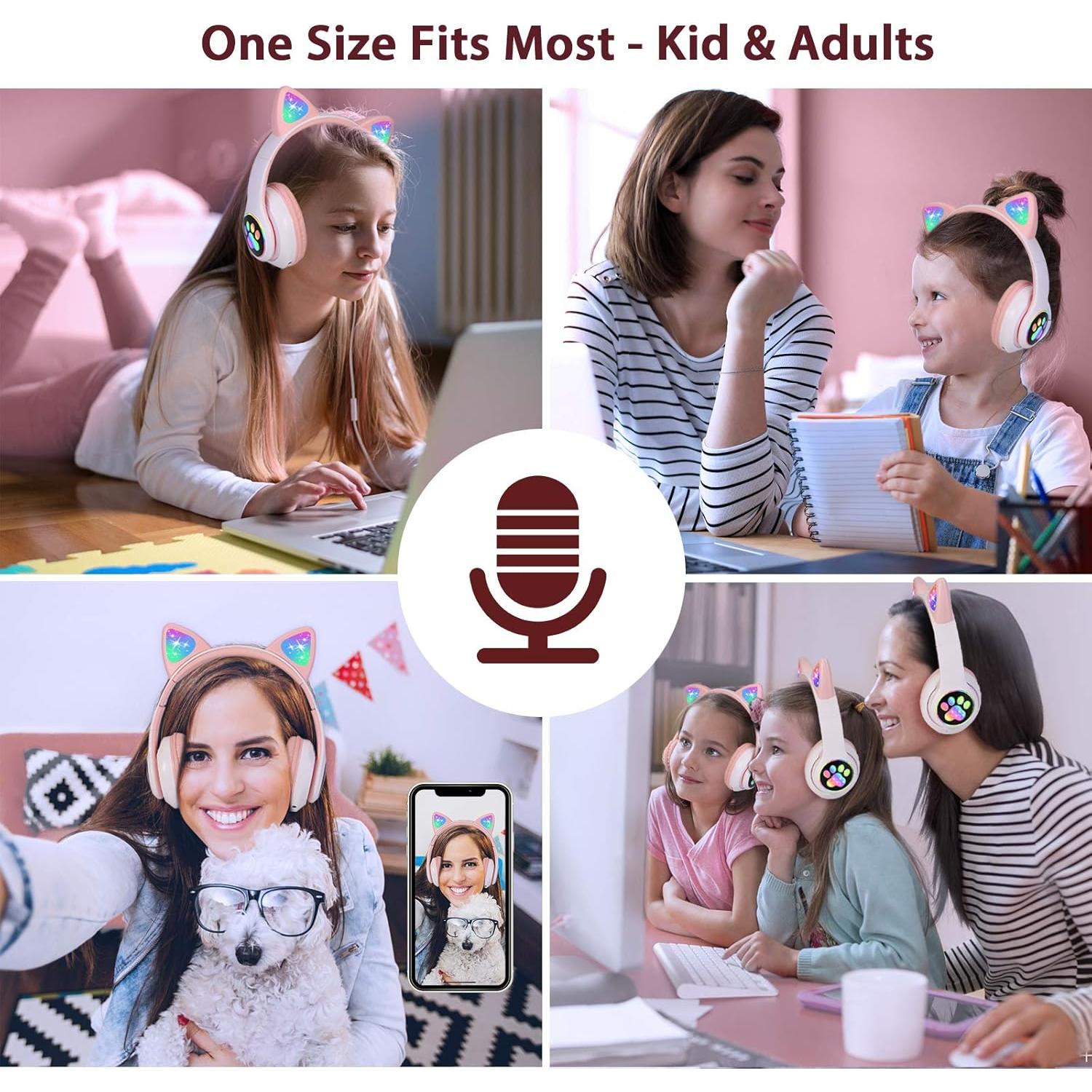 Auriculares Bluetooth 6.0 TCJJ Rosa con Orejas de Gato LED 85dB