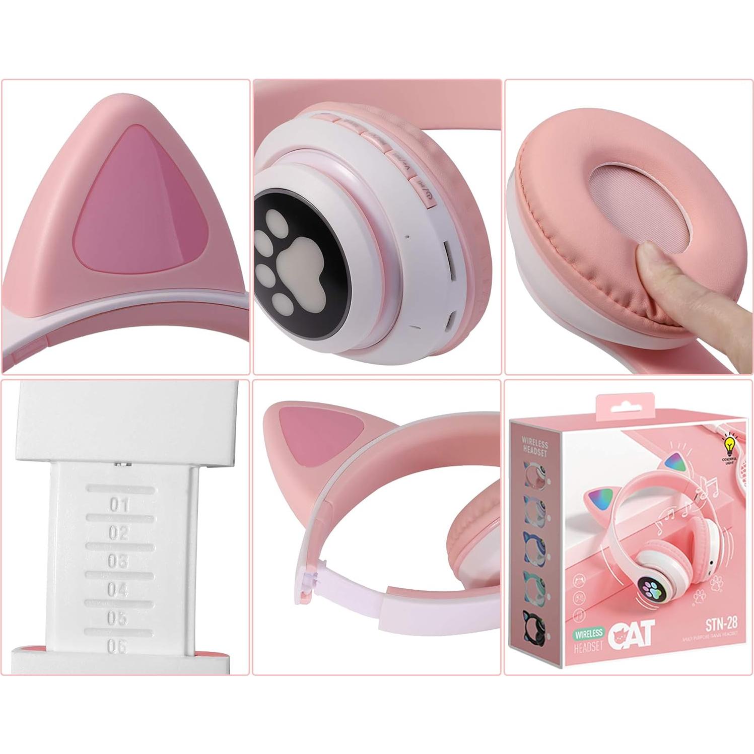 Auriculares Bluetooth 6.0 TCJJ Rosa con Orejas de Gato LED 85dB