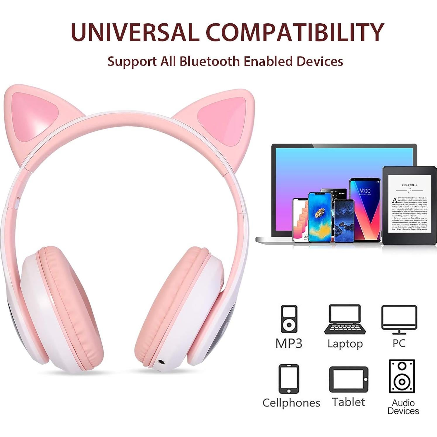Auriculares Bluetooth 6.0 TCJJ Rosa con Orejas de Gato LED 85dB